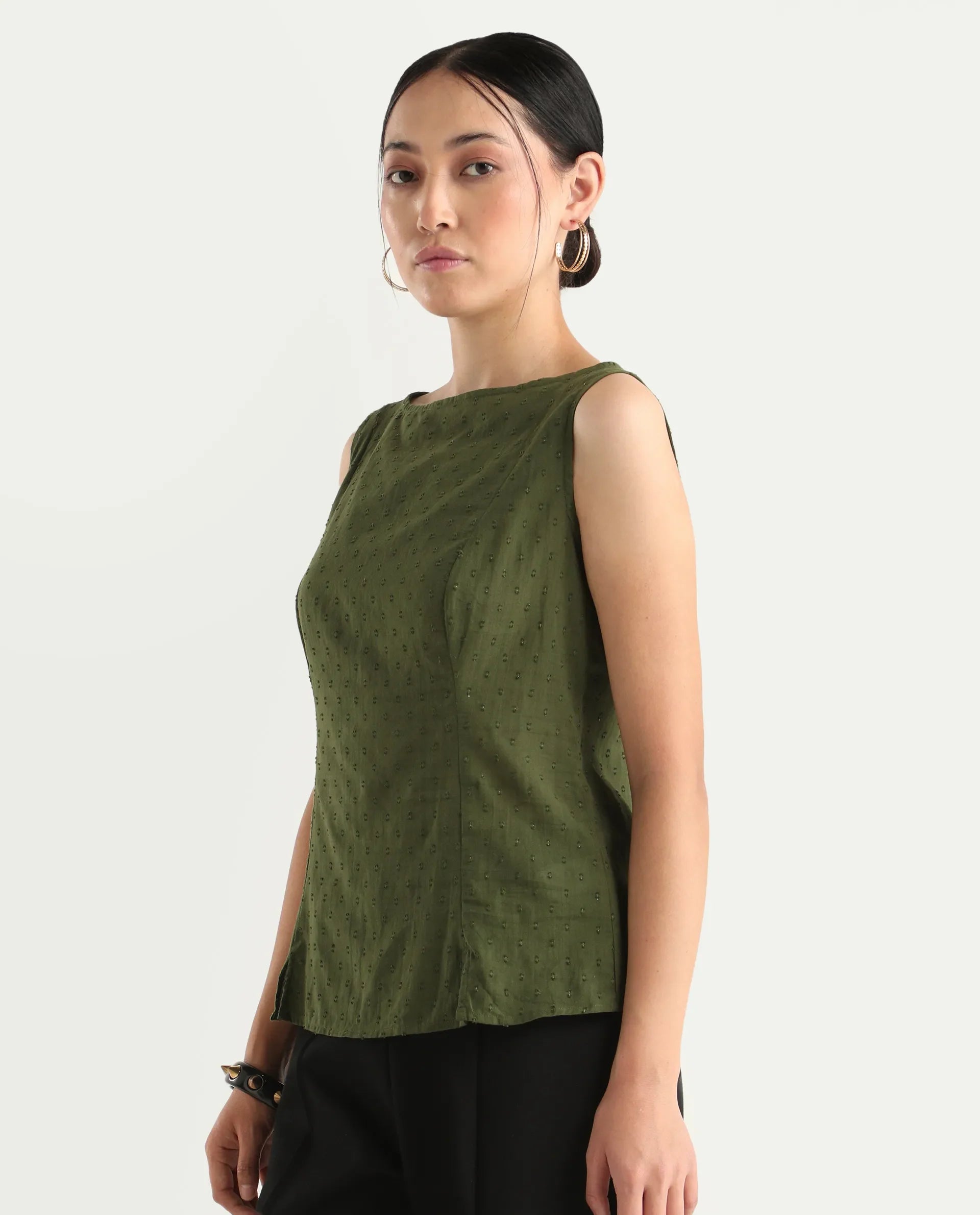 Rareism Women's Elsha Olive Cotton Blend Boat Neck Regular Fit Plain Top