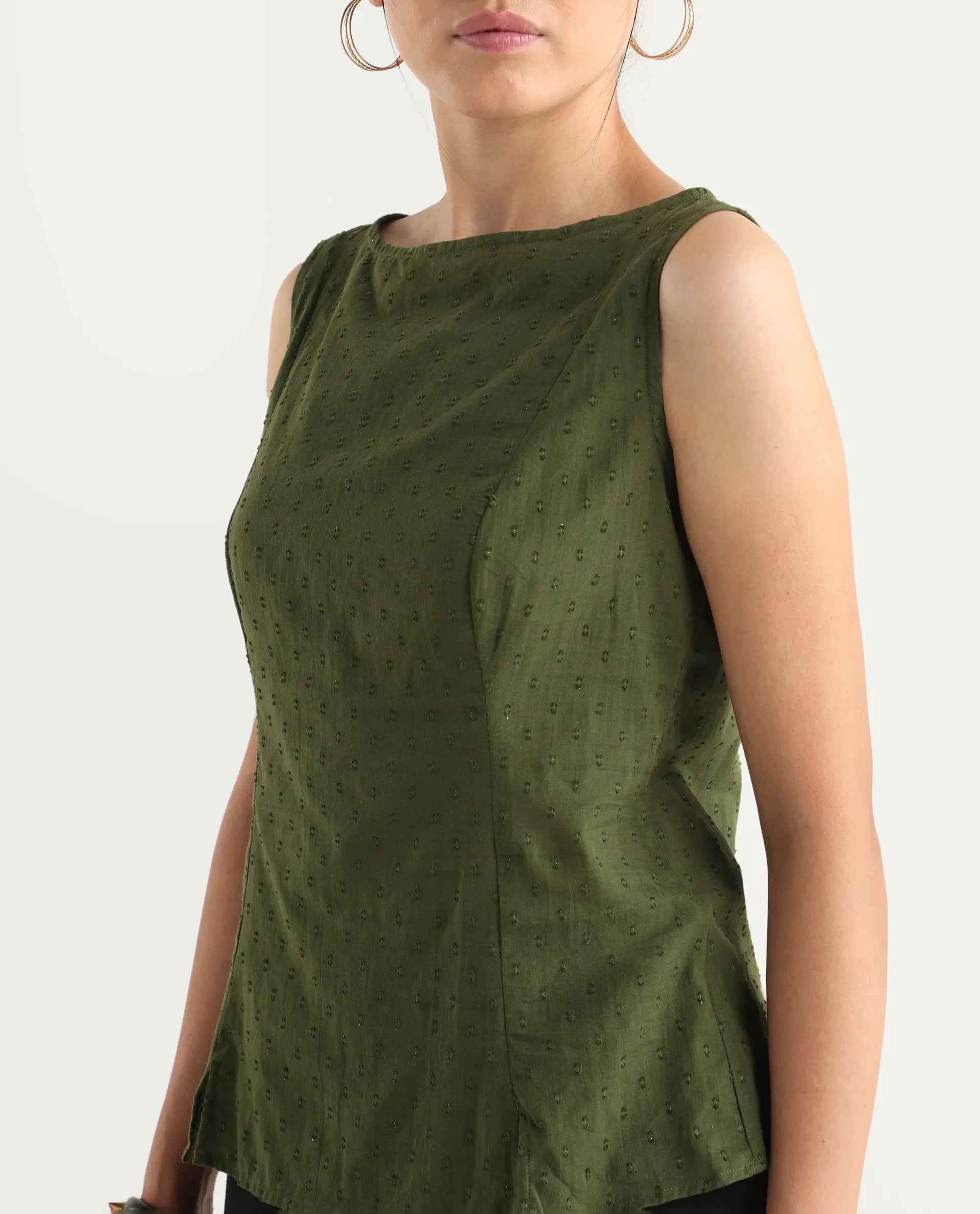 Rareism Women's Elsha Olive Cotton Blend Boat Neck Regular Fit Plain Top