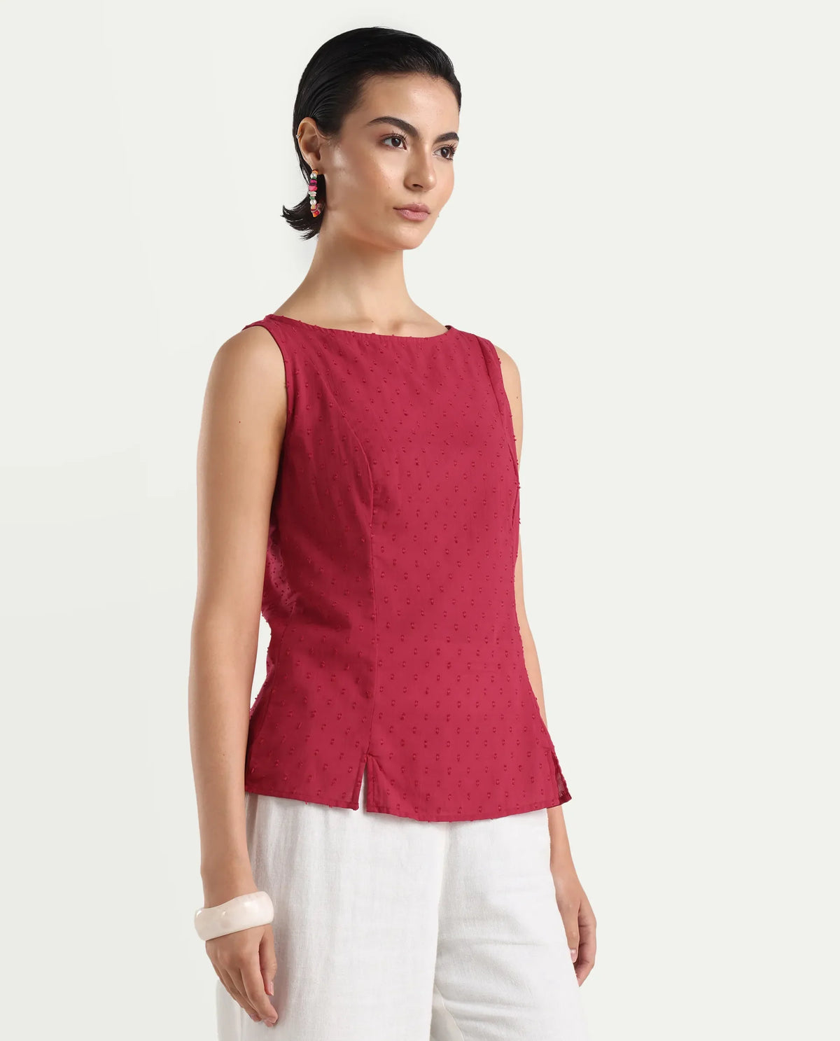 Rareism Women's Elsha Red Cotton Blend Boat Neck Regular Fit Plain Top