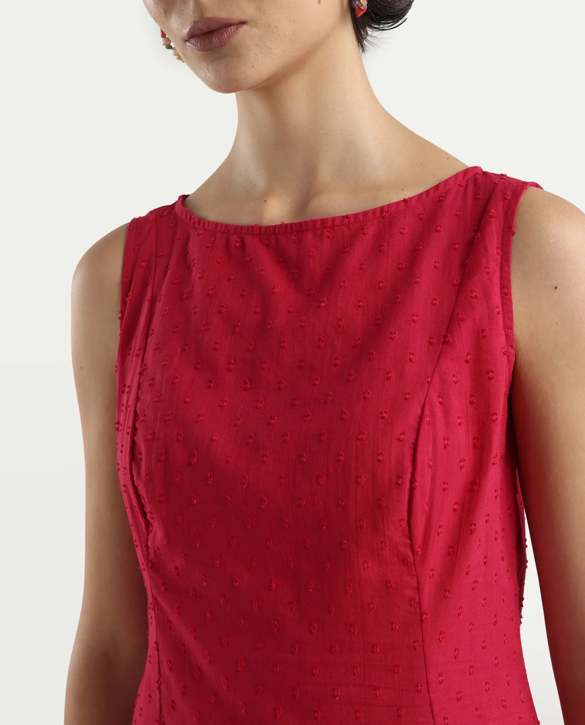 Rareism Women's Elsha Red Cotton Blend Boat Neck Regular Fit Plain Top