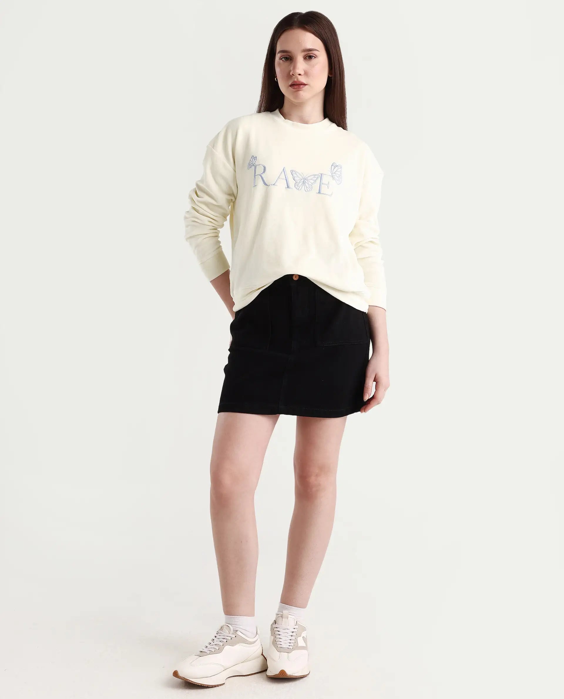 Rareism Women's Elwes Beige Polyester Blend Crew Neck Graphic Print Regular Fit Sweatshirt