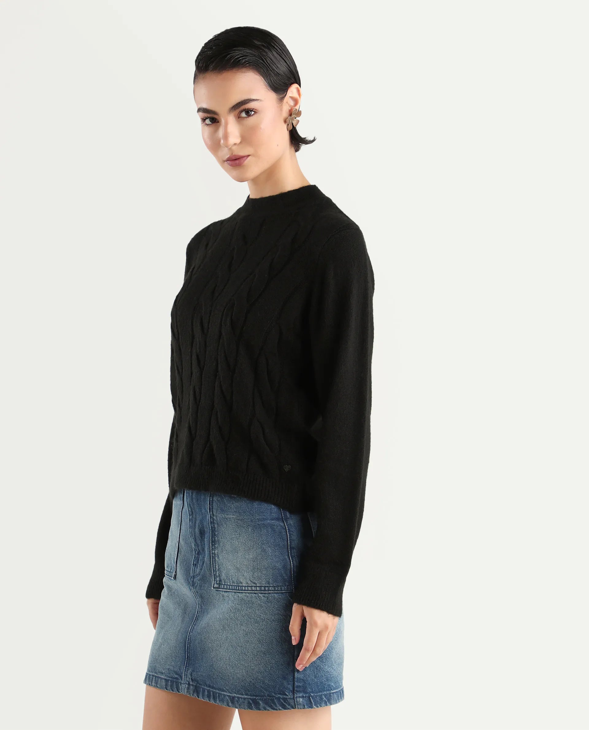 Rareism Women's Emm Black Polyester Crew Neck Plain Regular Fit Sweater