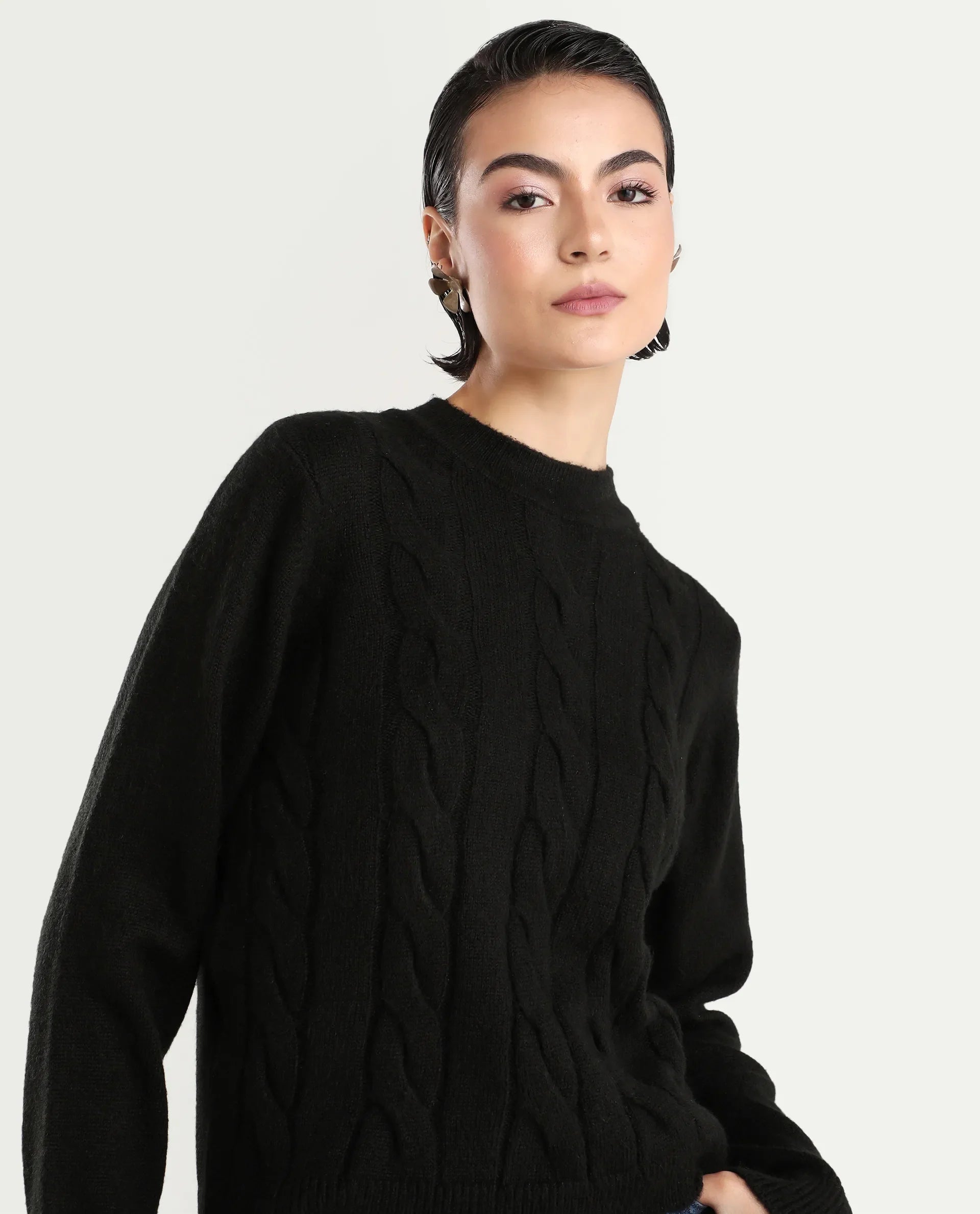 Rareism Women's Emm Black Polyester Crew Neck Plain Regular Fit Sweater