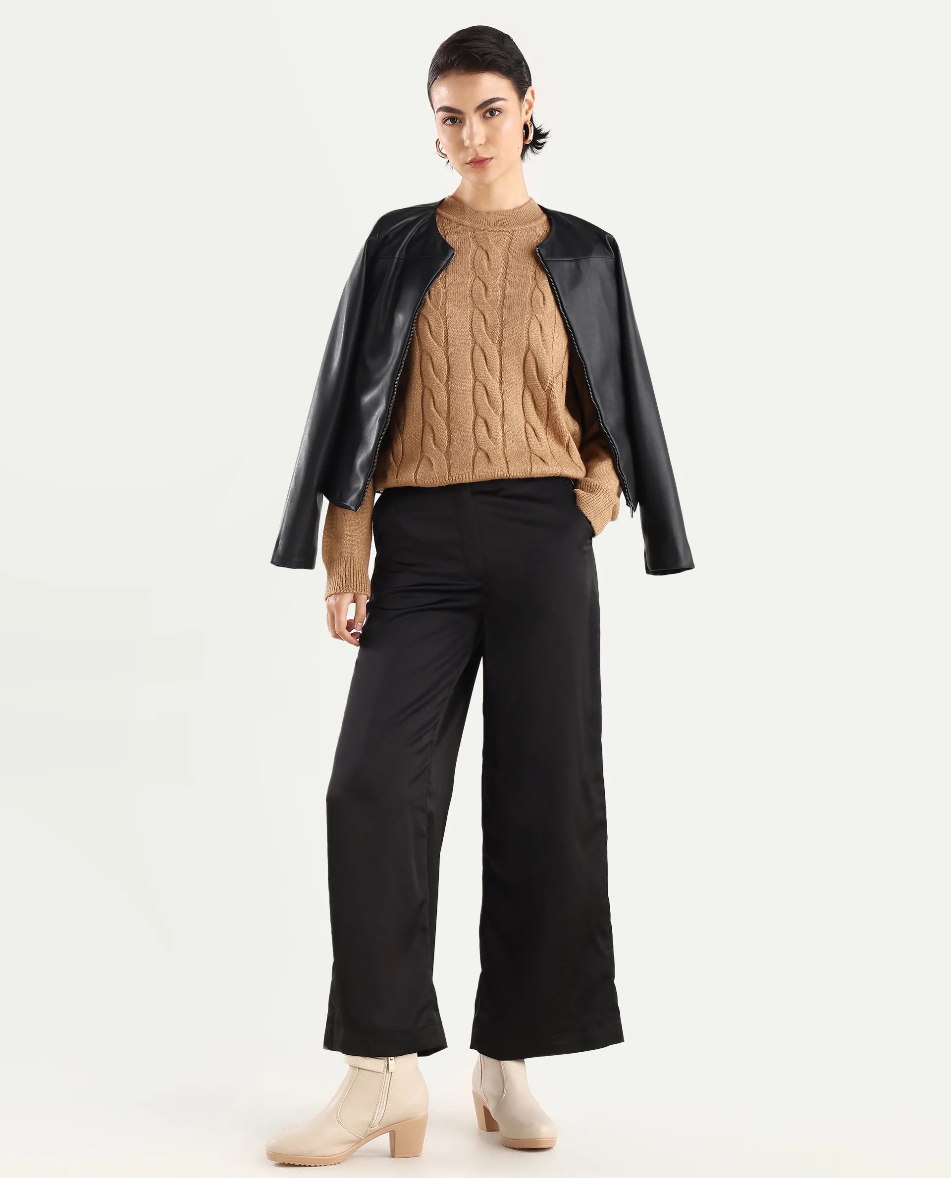 Rareism Women's Emm Camel Acrylic Crew Neck Plain Regular Fit Sweater