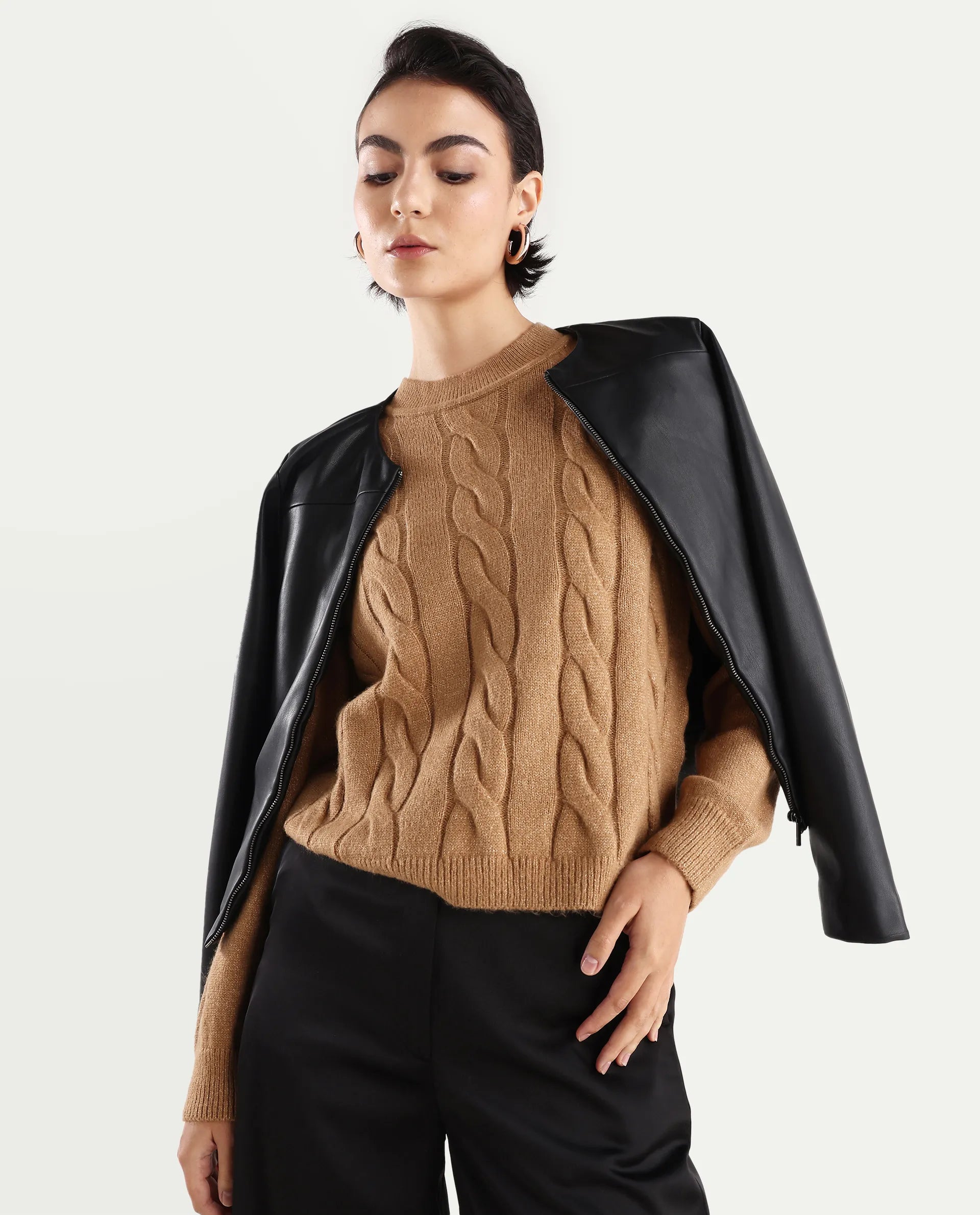 Rareism Women's Emm Camel Acrylic Crew Neck Plain Regular Fit Sweater