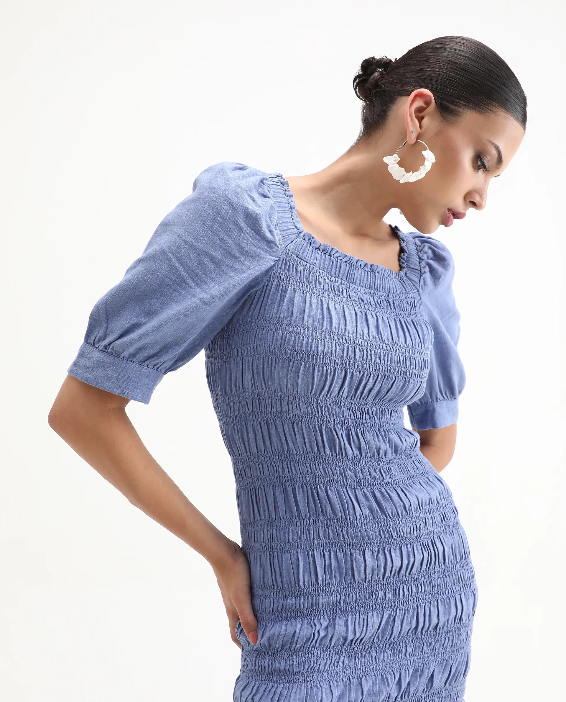 Rareism Women's Emmo Blue Linen Blend Tube Neck Plain Puff Sleeves Knee Length Regular Fit Dress