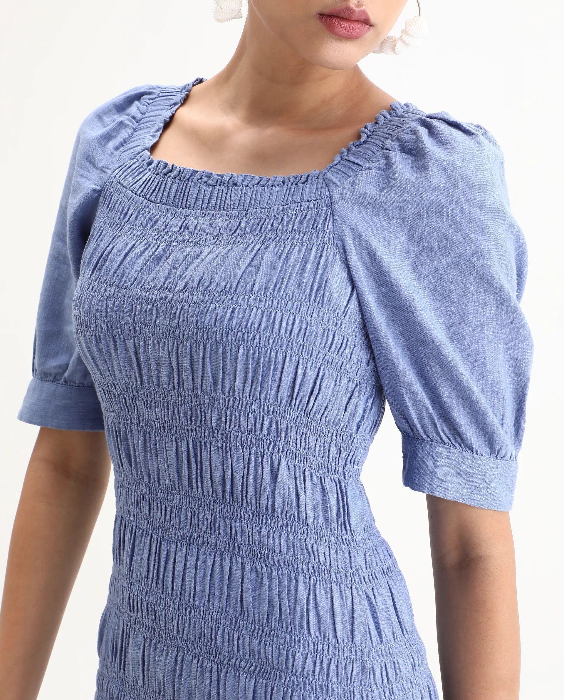 Rareism Women's Emmo Blue Linen Blend Tube Neck Plain Puff Sleeves Knee Length Regular Fit Dress