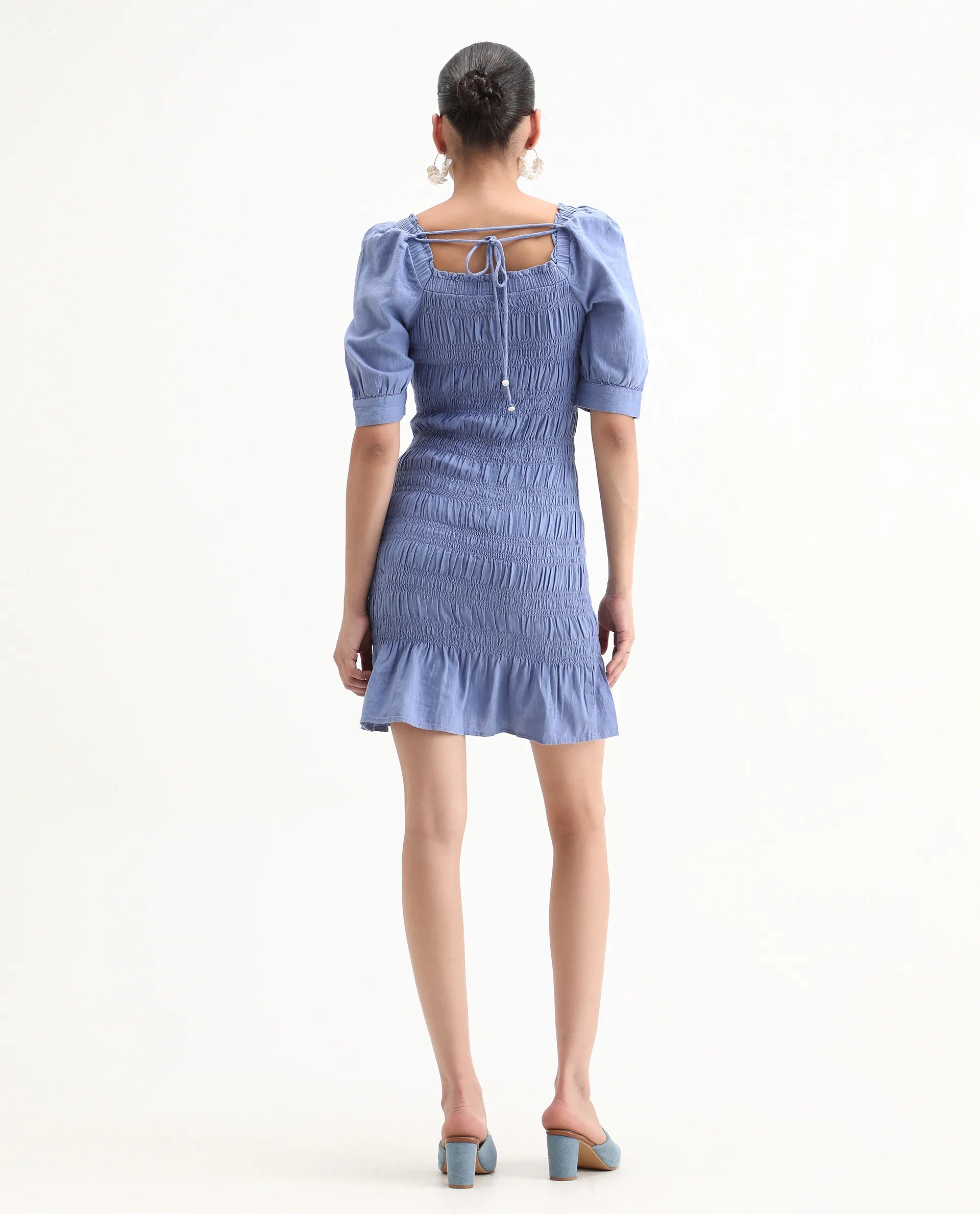 Rareism Women's Emmo Blue Linen Blend Tube Neck Plain Puff Sleeves Knee Length Regular Fit Dress