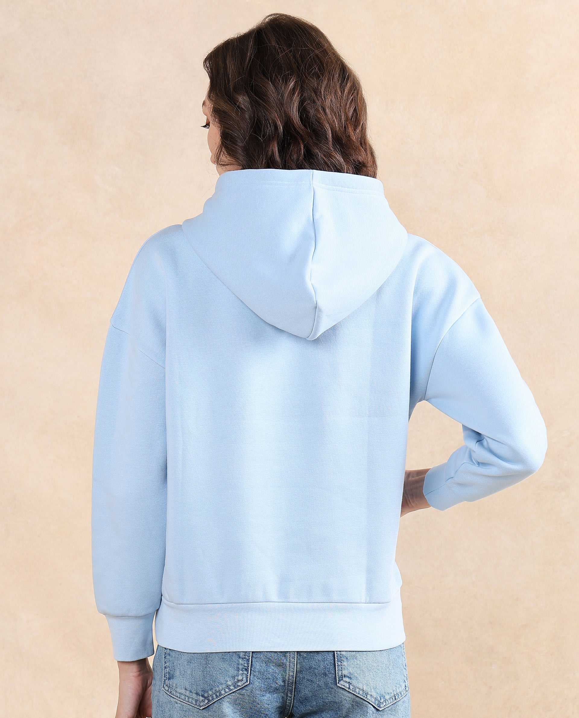 Rareism Women's Emtap Light Blue Cotton Blend Hooded Graphic Print Relaxed Fit Sweatshirt