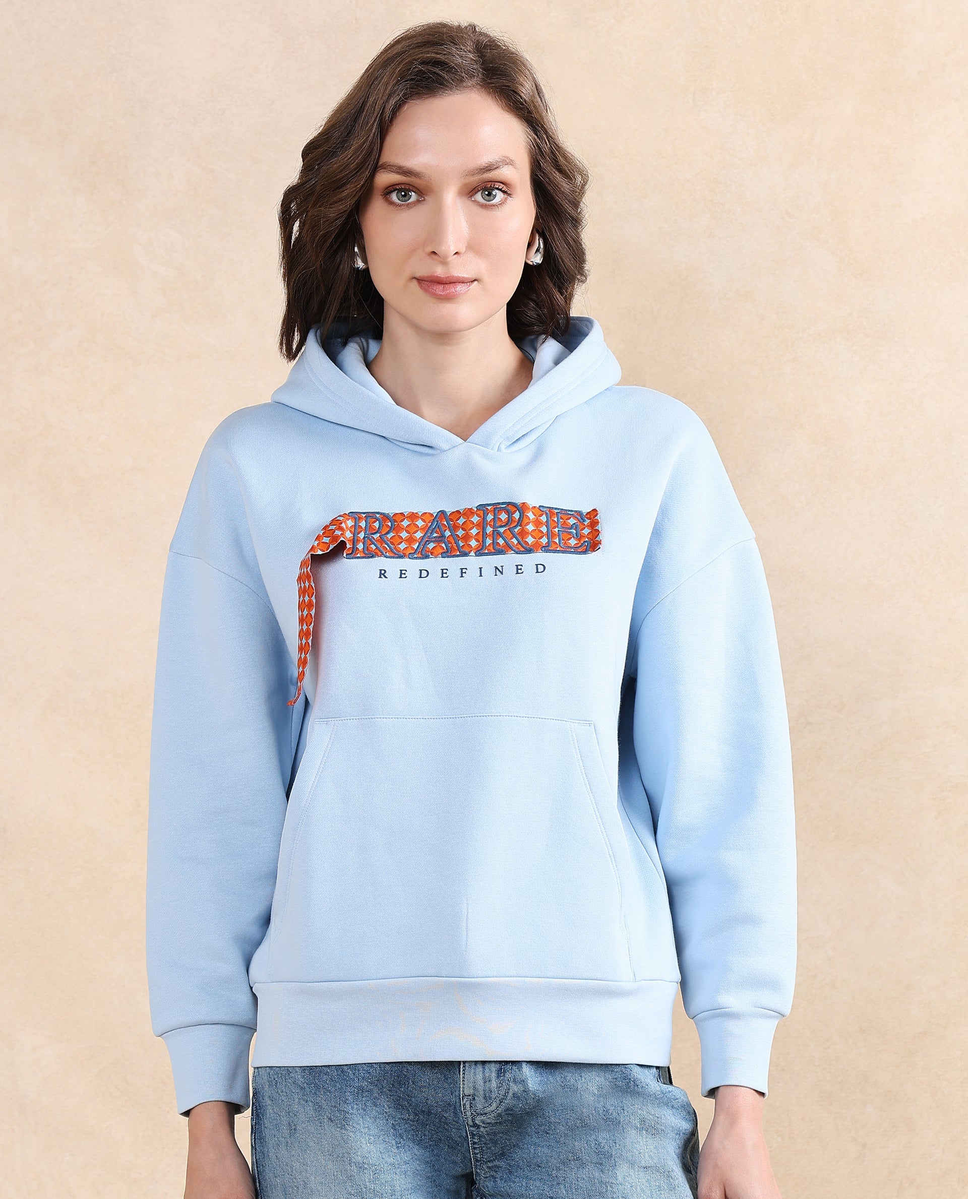 Rareism Women's Emtap Light Blue Cotton Blend Hooded Graphic Print Relaxed Fit Sweatshirt