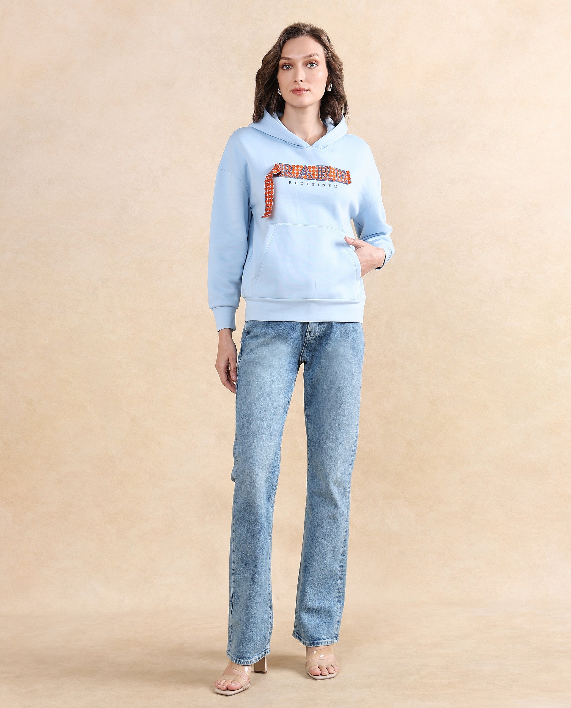Rareism Women's Emtap Light Blue Cotton Blend Hooded Graphic Print Relaxed Fit Sweatshirt