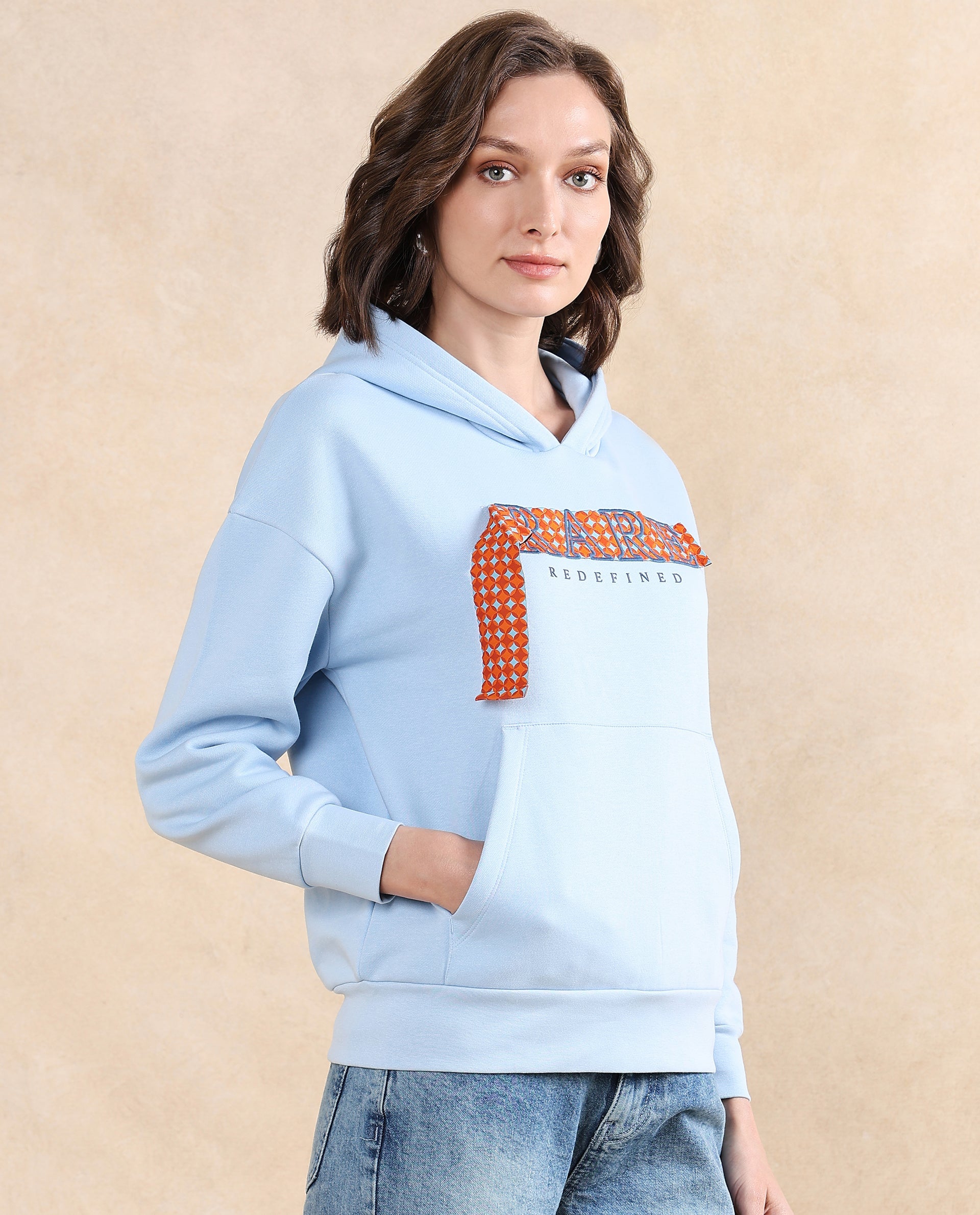 Rareism Women's Emtap Light Blue Cotton Blend Hooded Graphic Print Relaxed Fit Sweatshirt