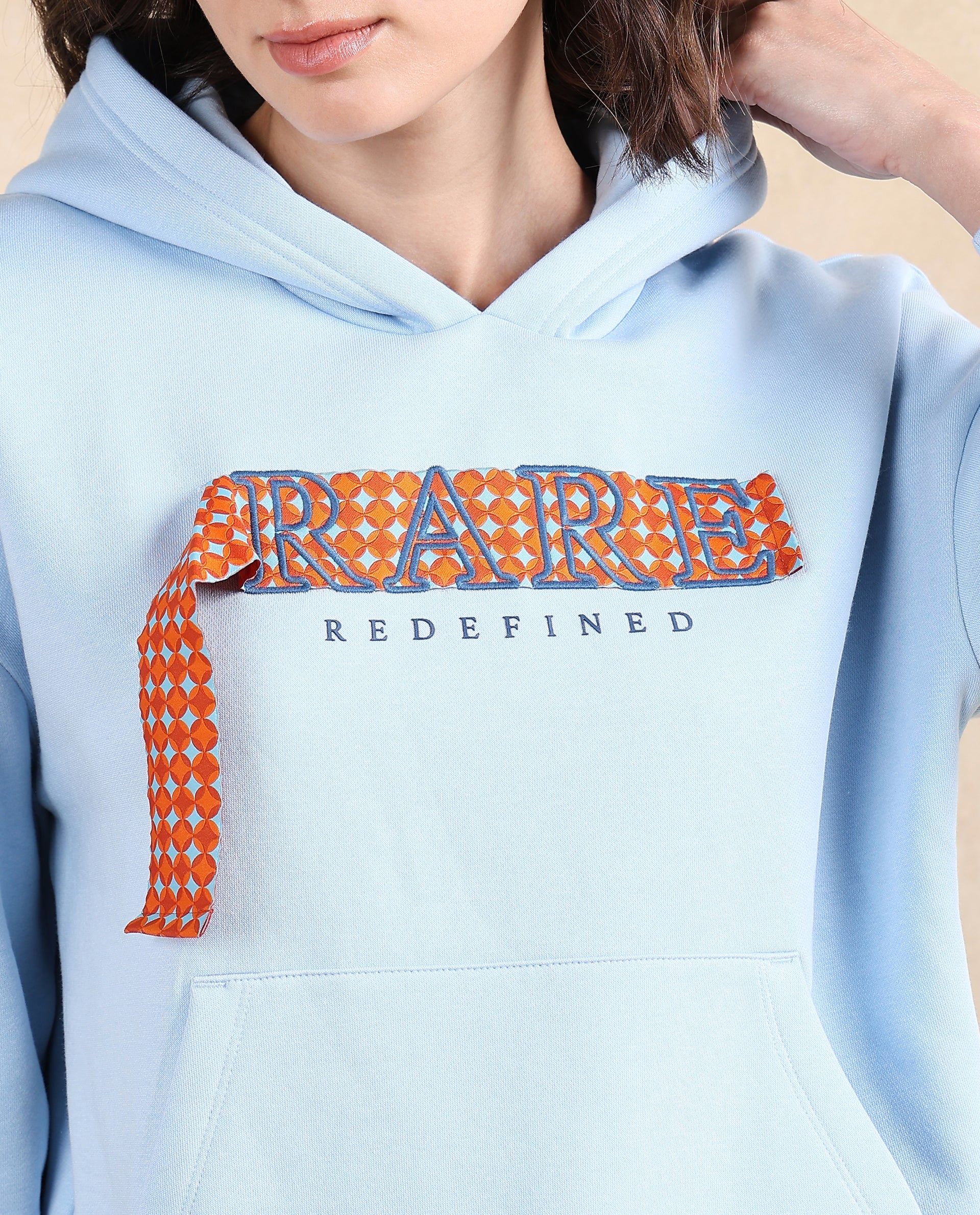 Rareism Women's Emtap Light Blue Cotton Blend Hooded Graphic Print Relaxed Fit Sweatshirt