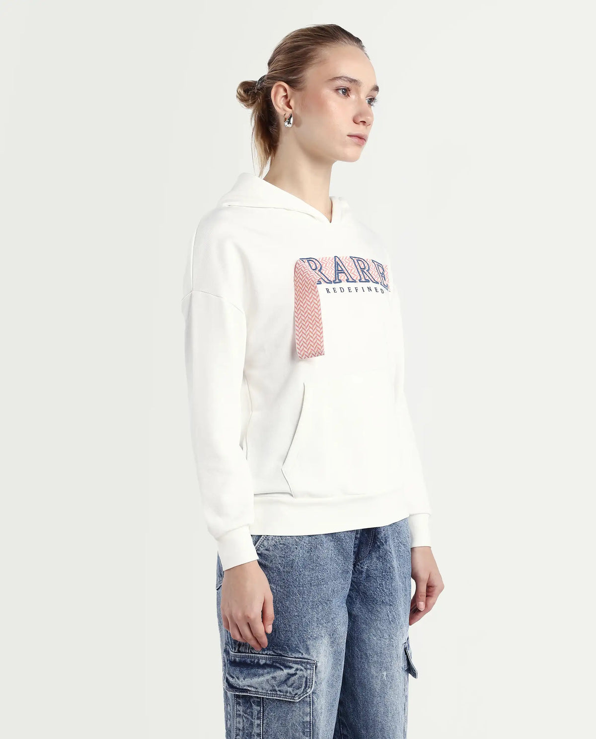 Rareism Women's Emtap Off White Cotton Blend Hooded Graphic Print Relaxed Fit Sweatshirt