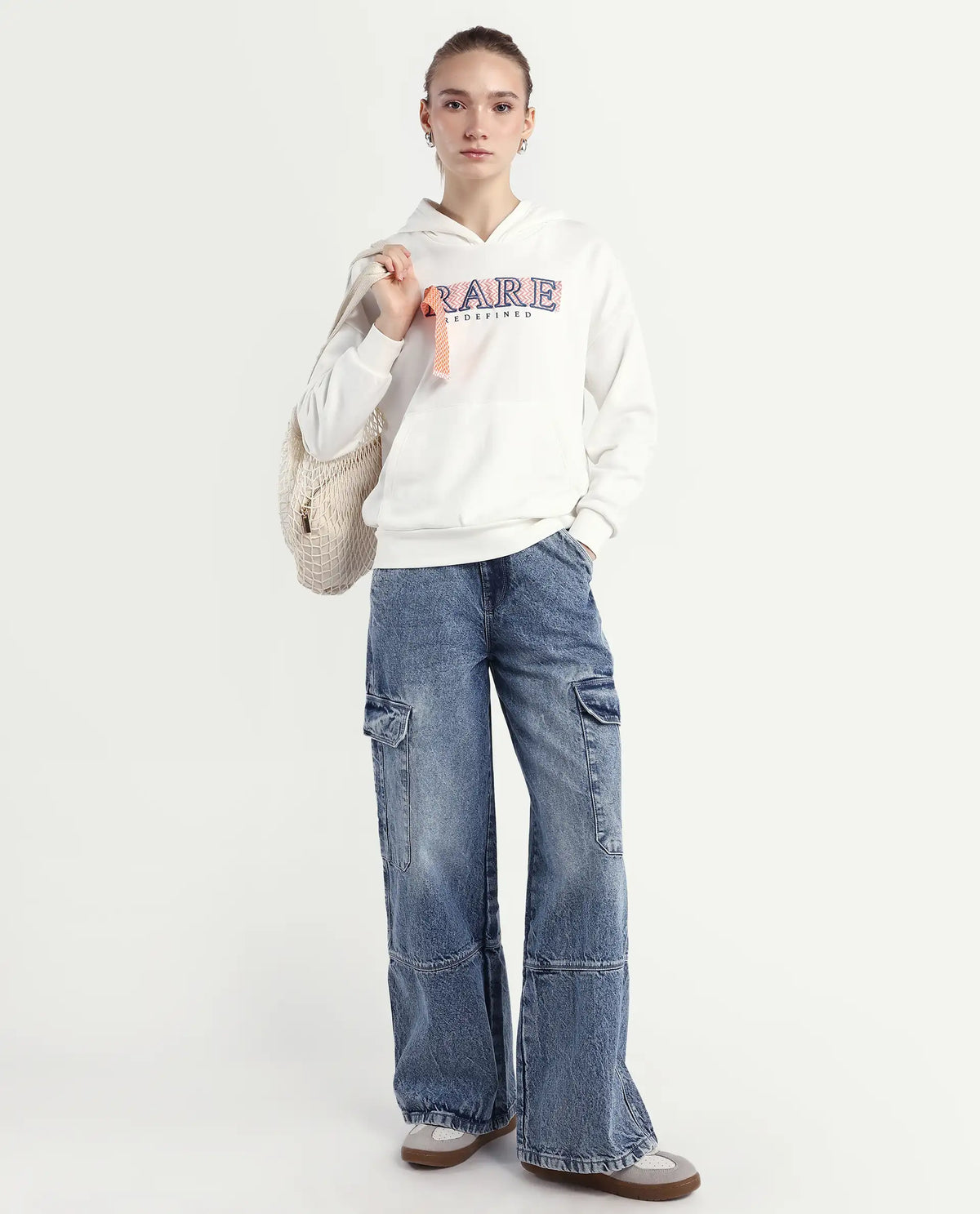 Rareism Women's Emtap Off White Cotton Blend Hooded Graphic Print Relaxed Fit Sweatshirt