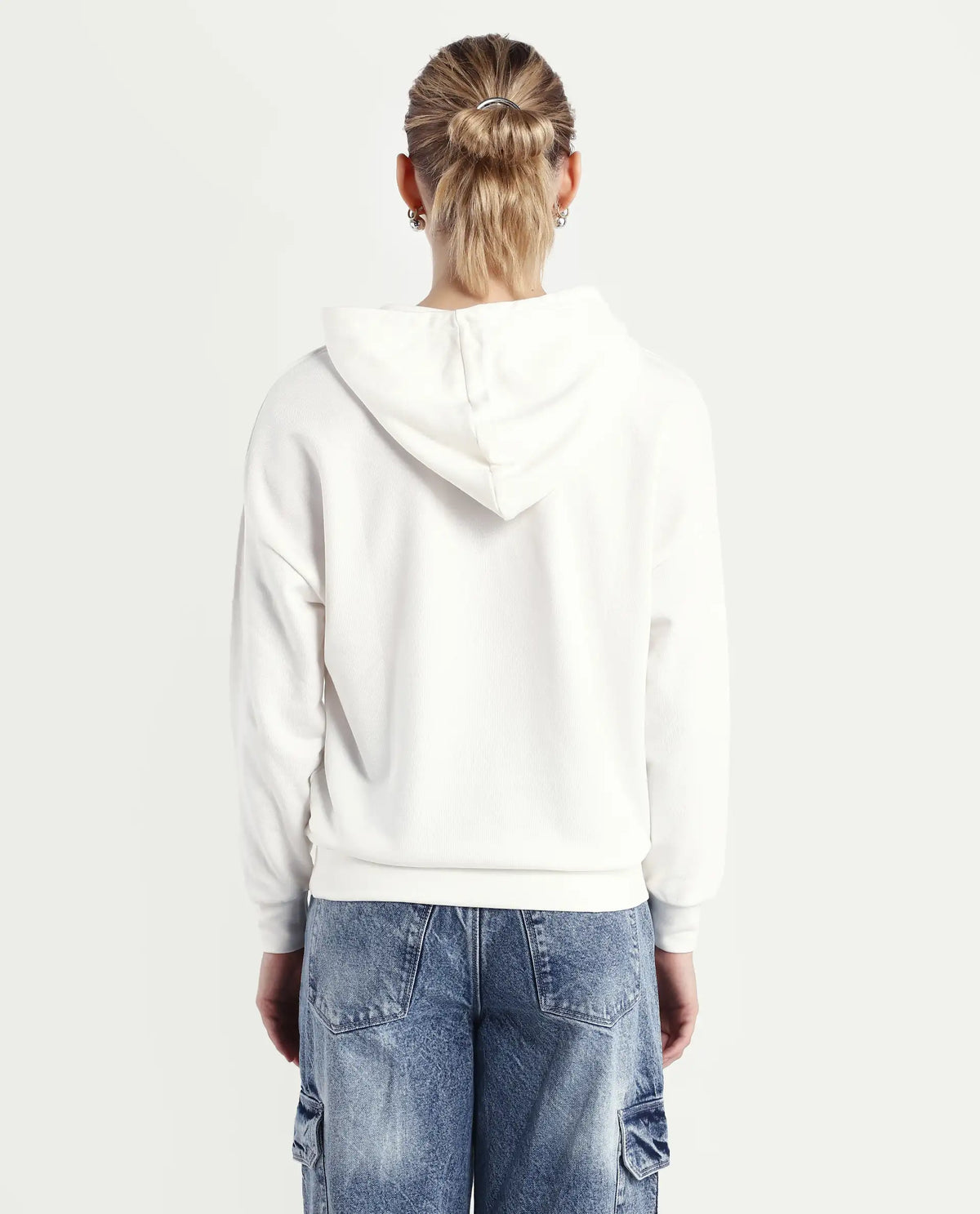 Rareism Women's Emtap Off White Cotton Blend Hooded Graphic Print Relaxed Fit Sweatshirt