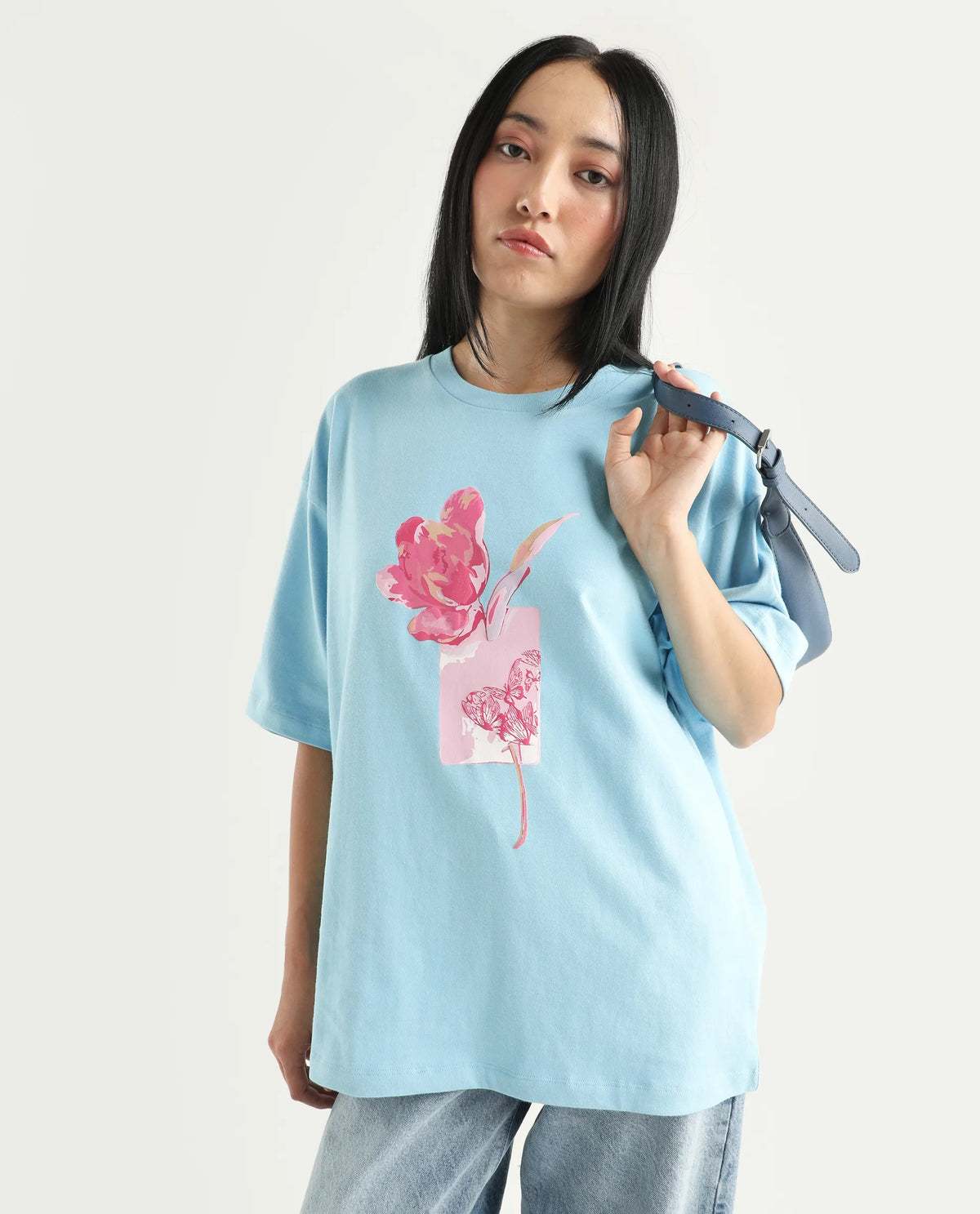 Rareism Women's Enof Blue Cotton Graphic Print Oversized T-Shirt