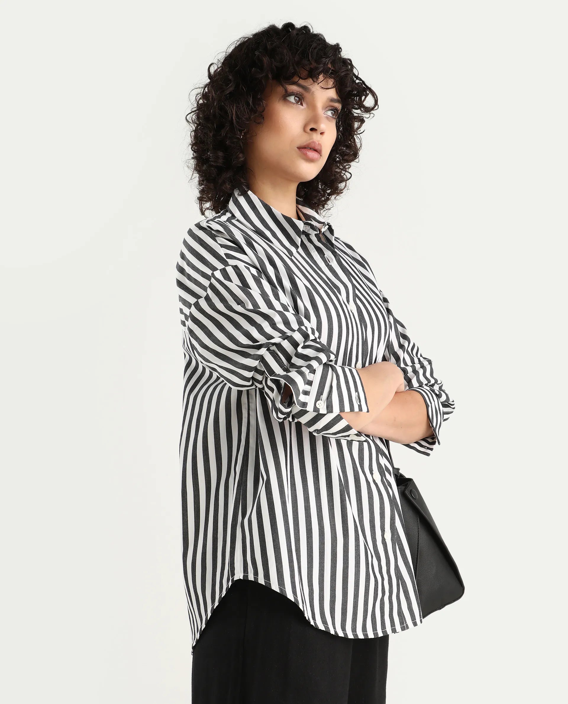 Rareism Women's Epdyed White Viscose Striped Cuffed Sleeve Boxy Fit Shirt