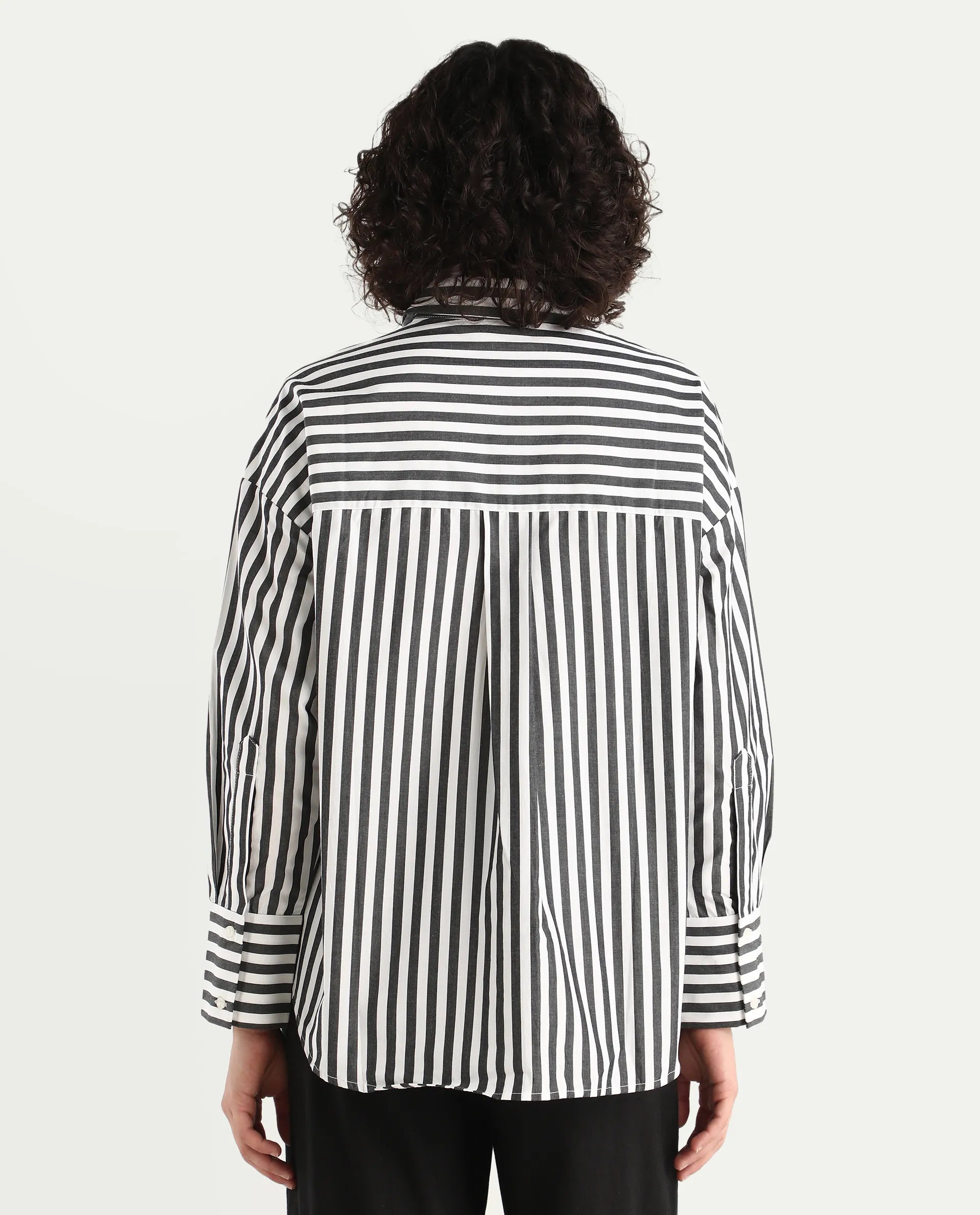 Rareism Women's Epdyed White Viscose Striped Cuffed Sleeve Boxy Fit Shirt