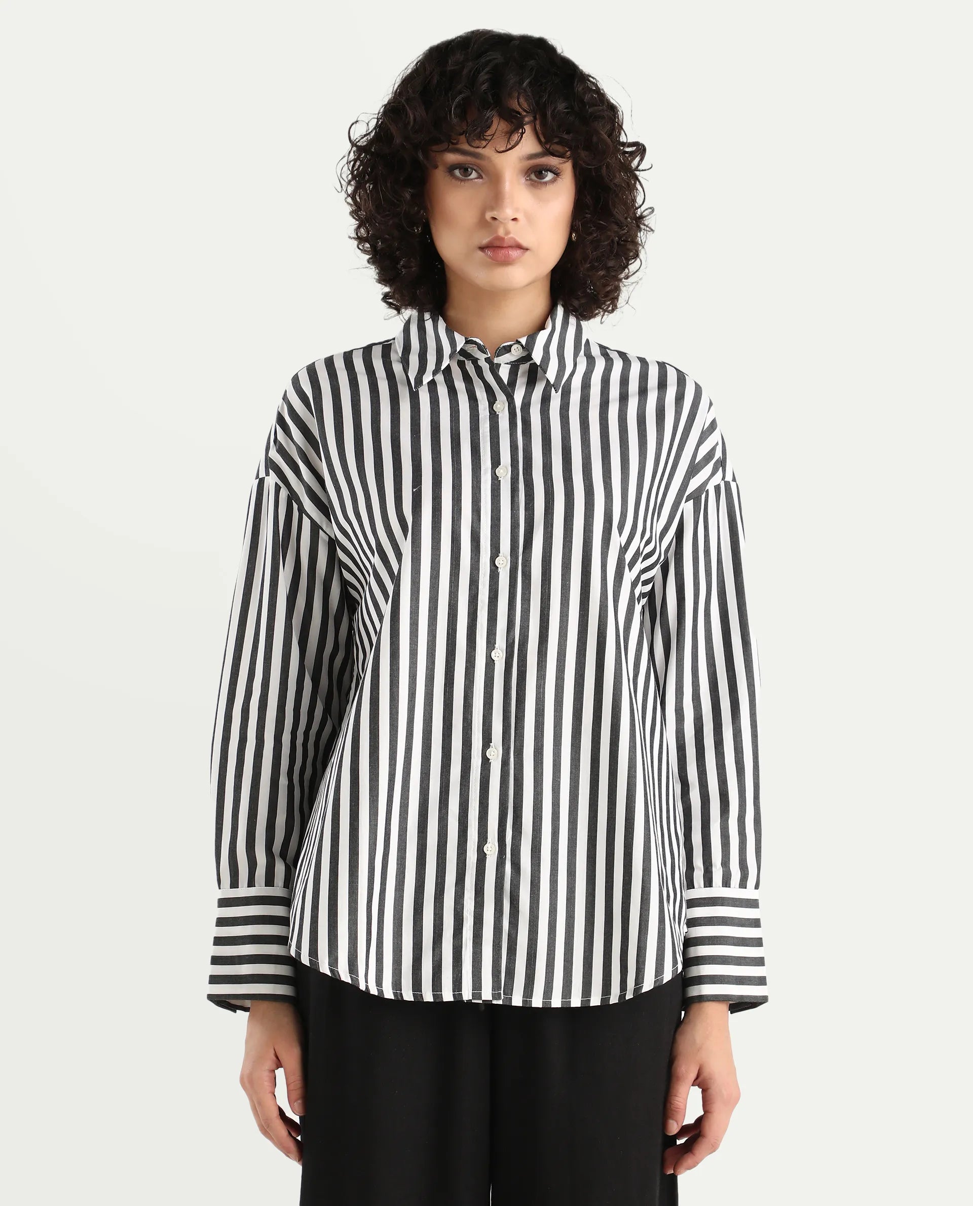 Rareism Women's Epdyed White Viscose Striped Cuffed Sleeve Boxy Fit Shirt