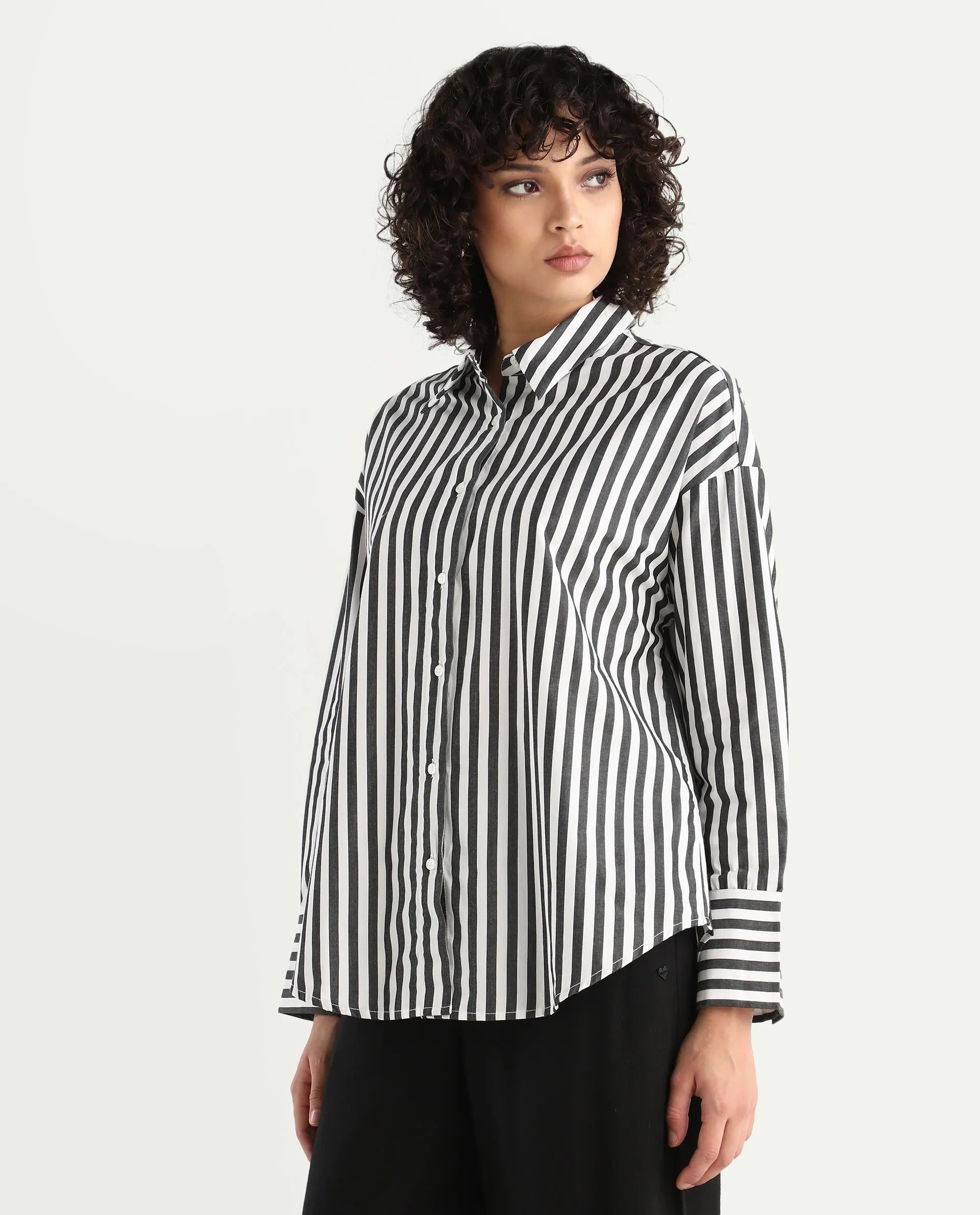 Rareism Women's Epdyed White Viscose Striped Cuffed Sleeve Boxy Fit Shirt
