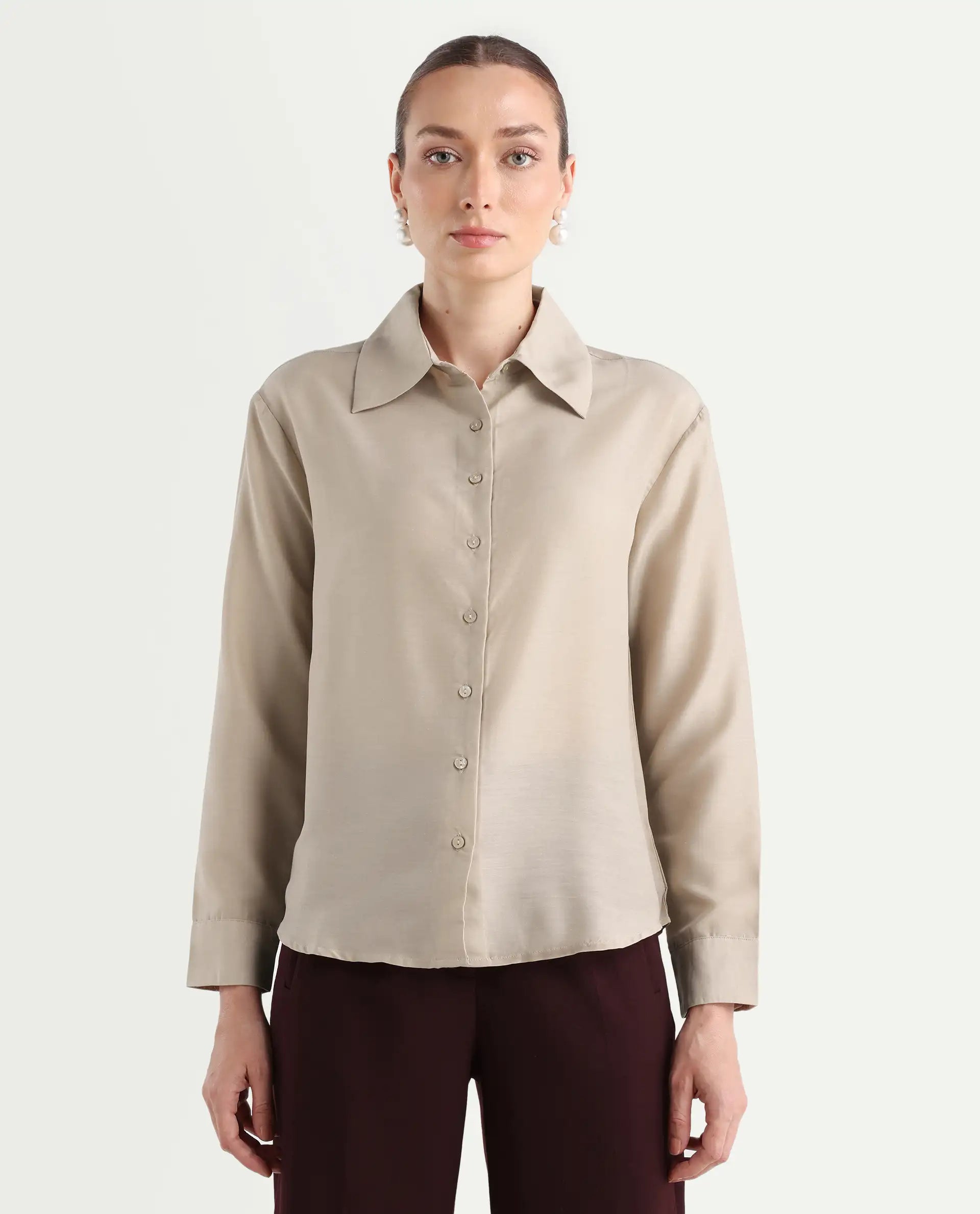 Rareism Women's Epets Beige Polyester Collared Plain Regular Fit Shirt