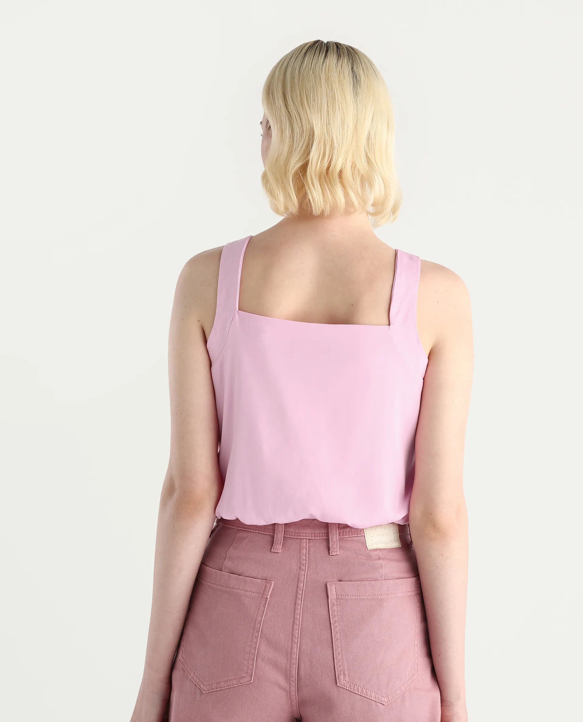 Rareism Women's Epfixo Pink Polyester Crew Neck Plain Sleeveless Crop Regular Fit Top