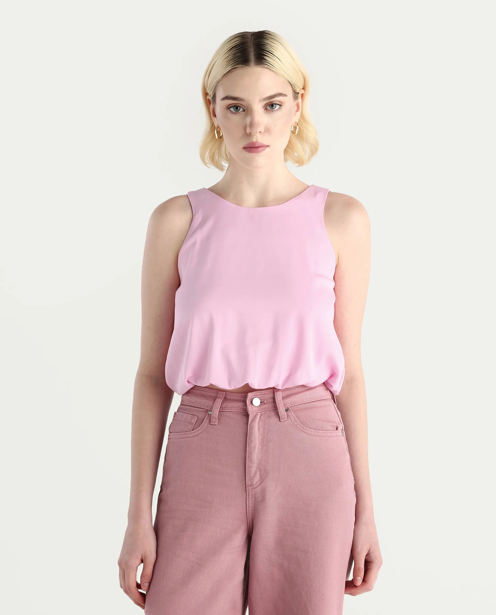 Rareism Women's Epfixo Pink Polyester Crew Neck Plain Sleeveless Crop Regular Fit Top