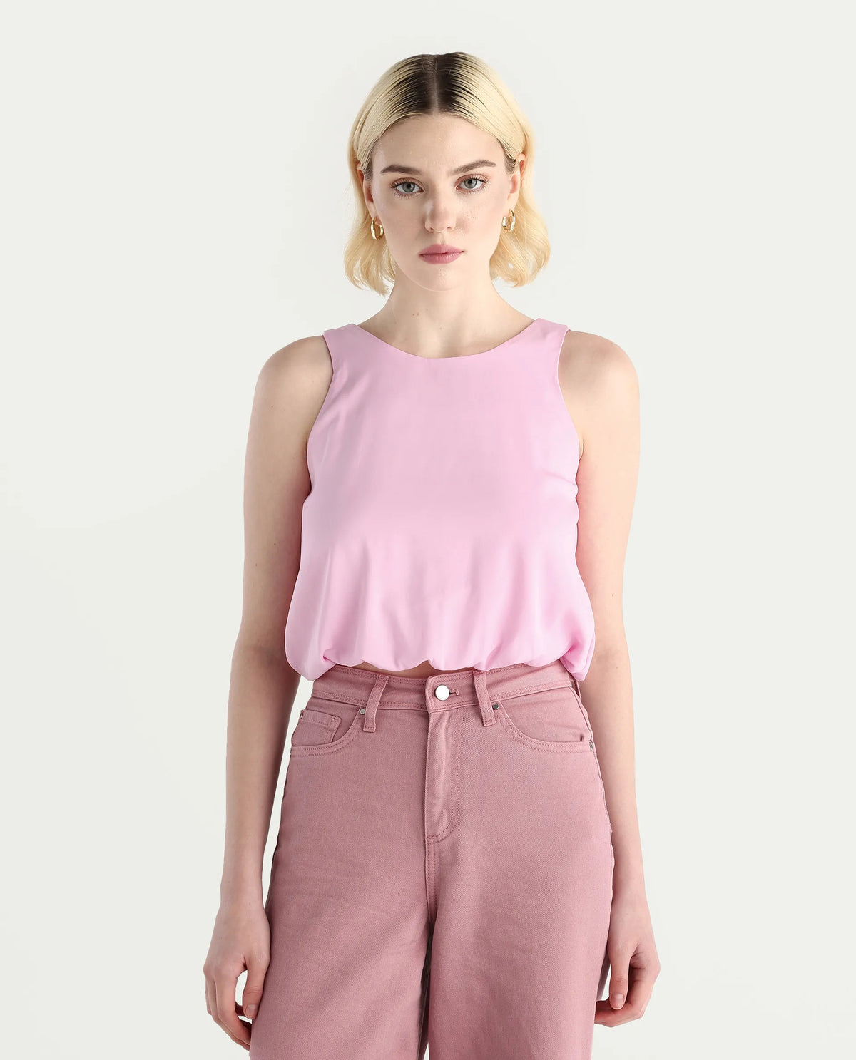 Rareism Women's Epfixo Pink Polyester Crew Neck Plain Sleeveless Crop Regular Fit Top