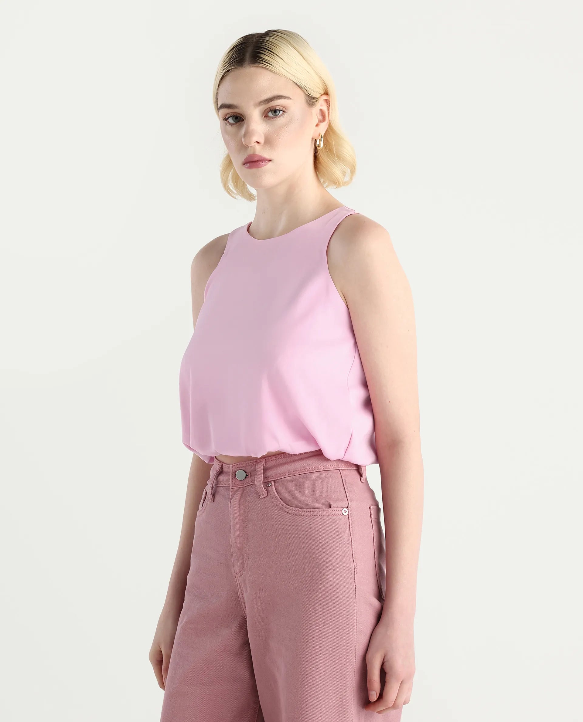 Rareism Women's Epfixo Pink Polyester Crew Neck Plain Sleeveless Crop Regular Fit Top
