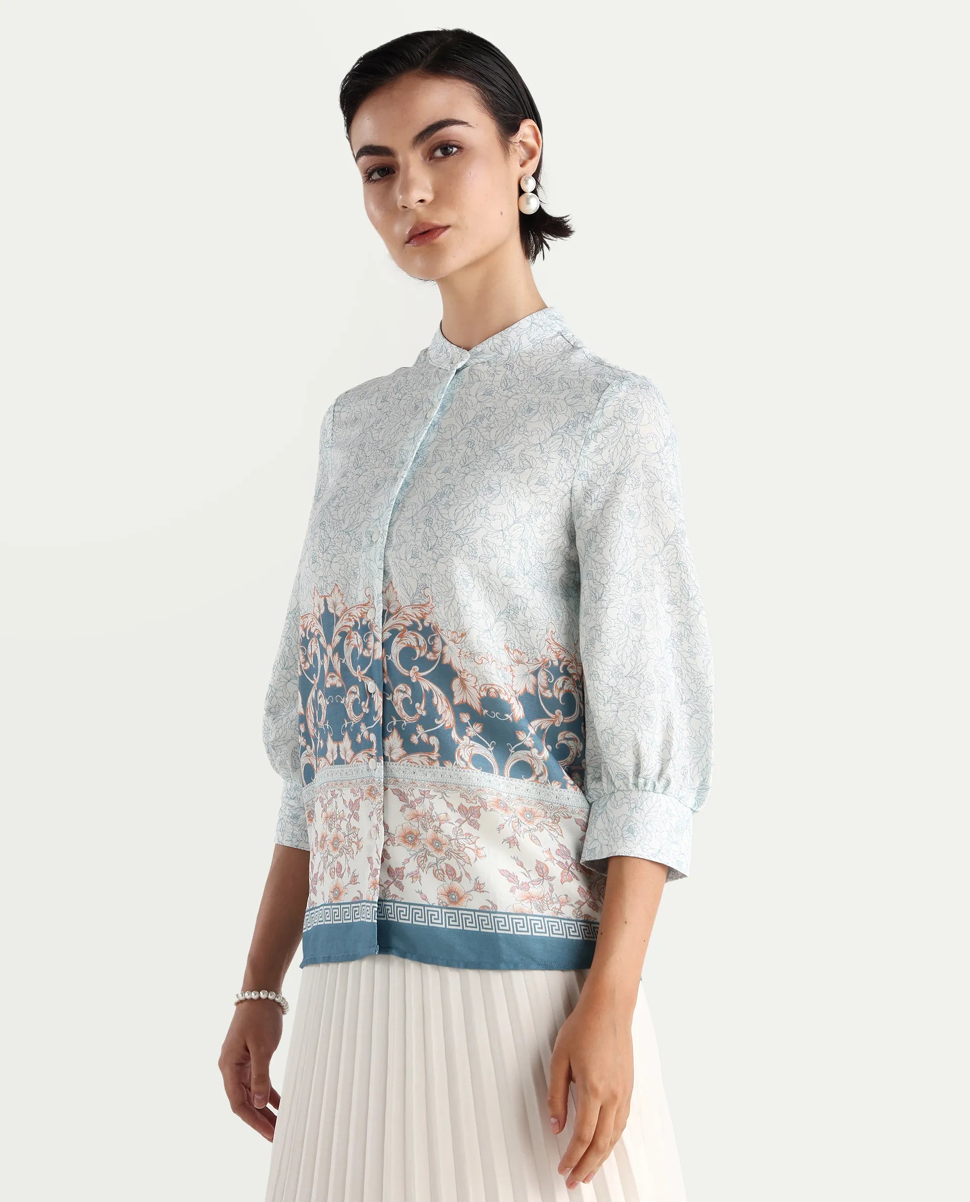Rareism Women's Epica Multi Cotton Abstract Print Cuffed Sleeve Regular Fit Top