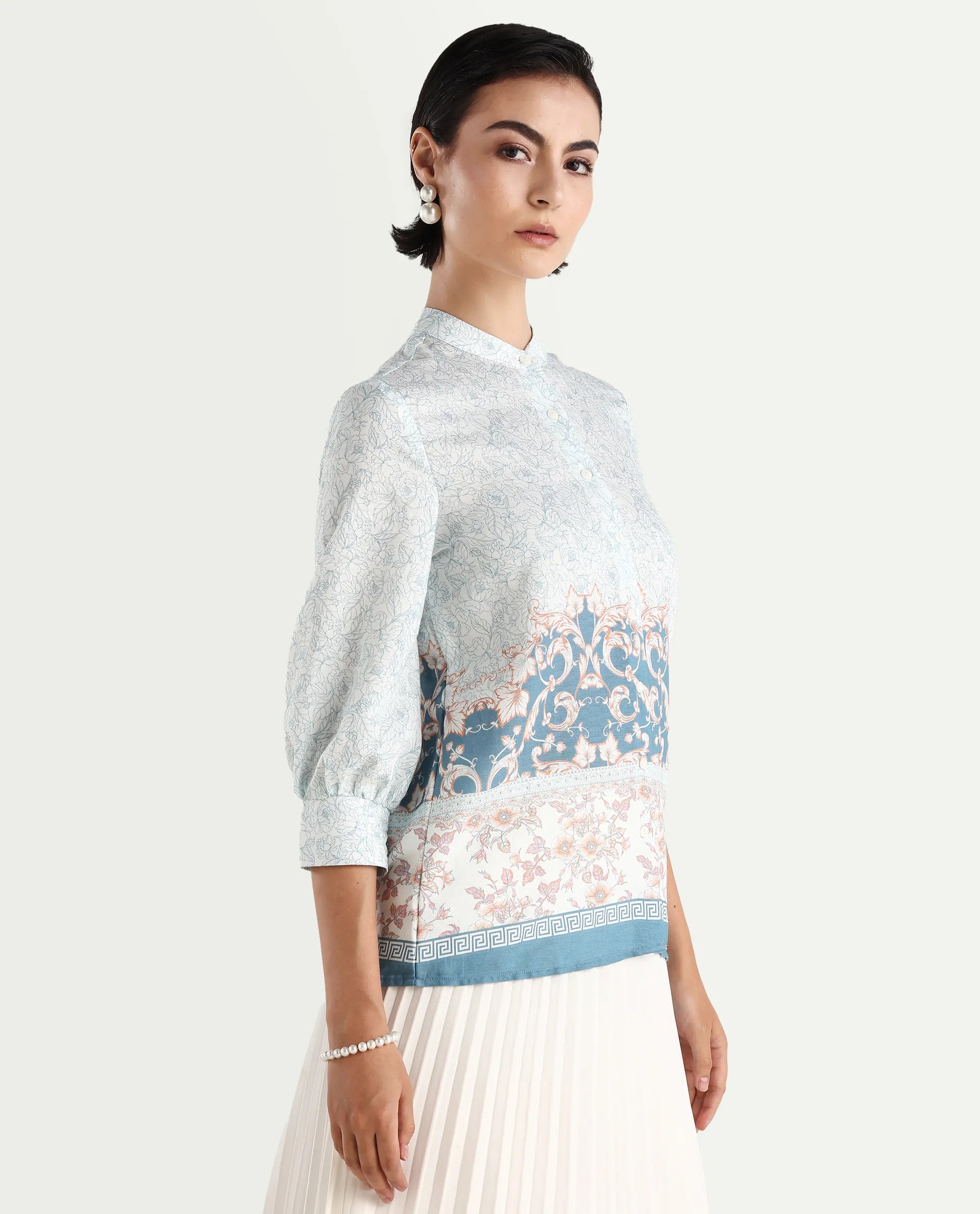 Rareism Women's Epica Multi Cotton Abstract Print Cuffed Sleeve Regular Fit Top