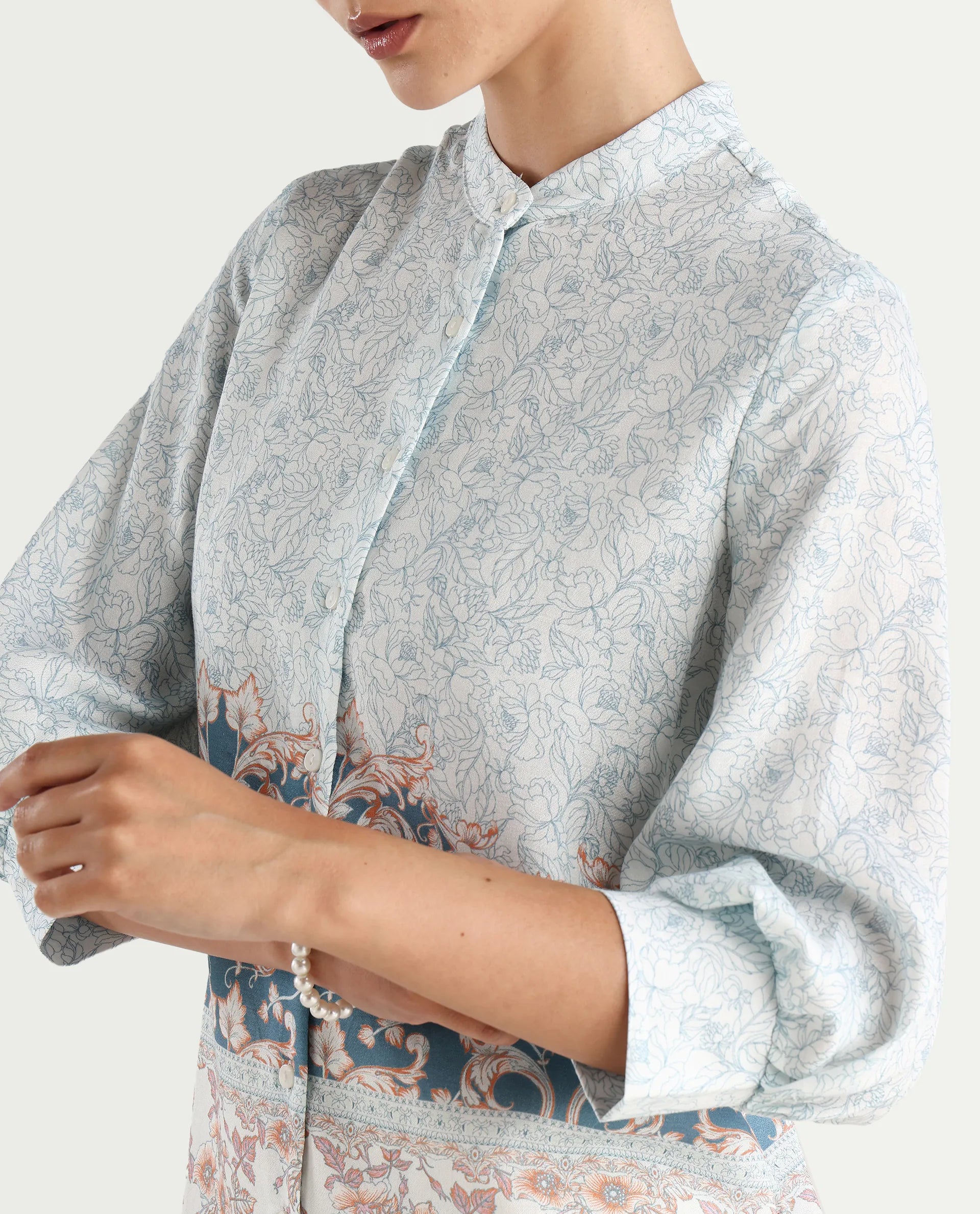 Rareism Women's Epica Multi Cotton Abstract Print Cuffed Sleeve Regular Fit Top