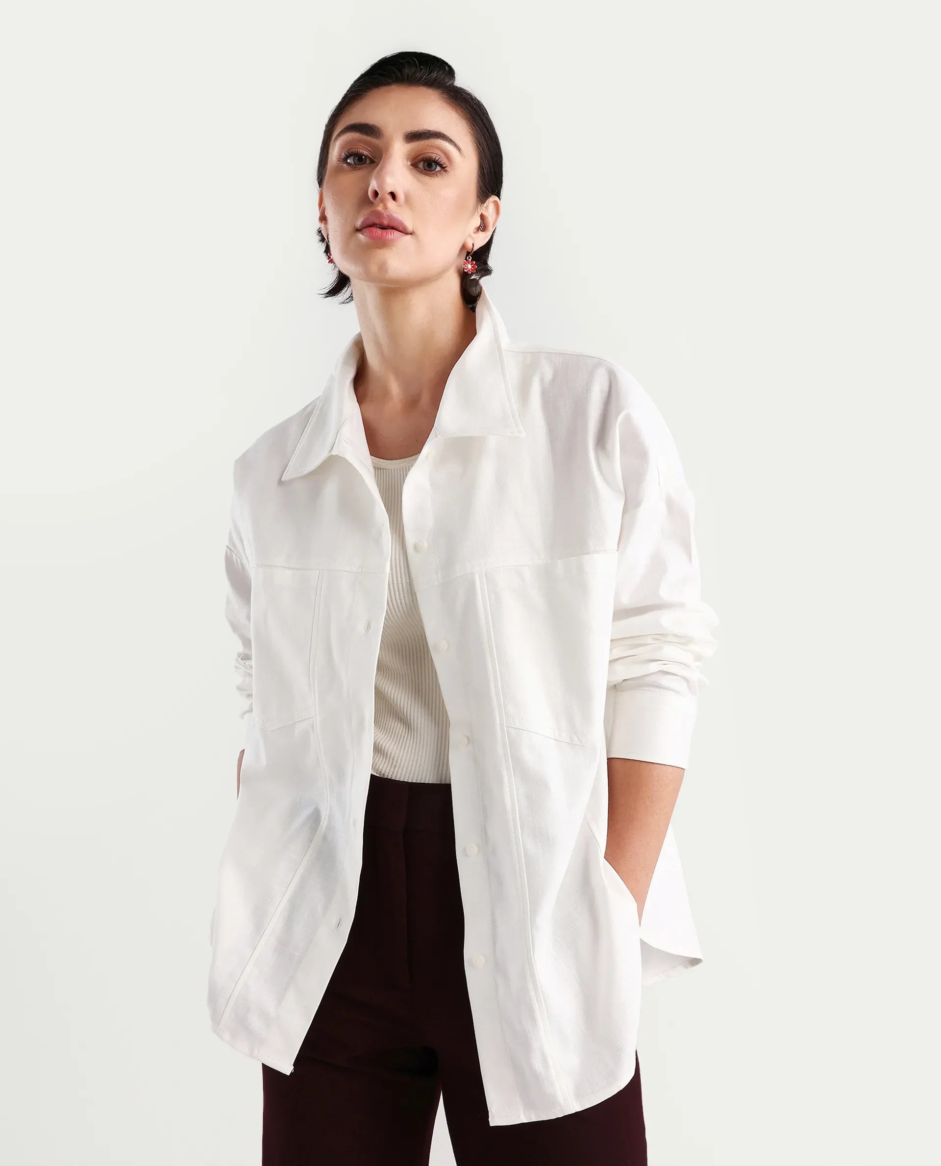 Rareism Women's Epili White Cotton Collared Plain Cuffed Sleeve Boxy Fit Shacket