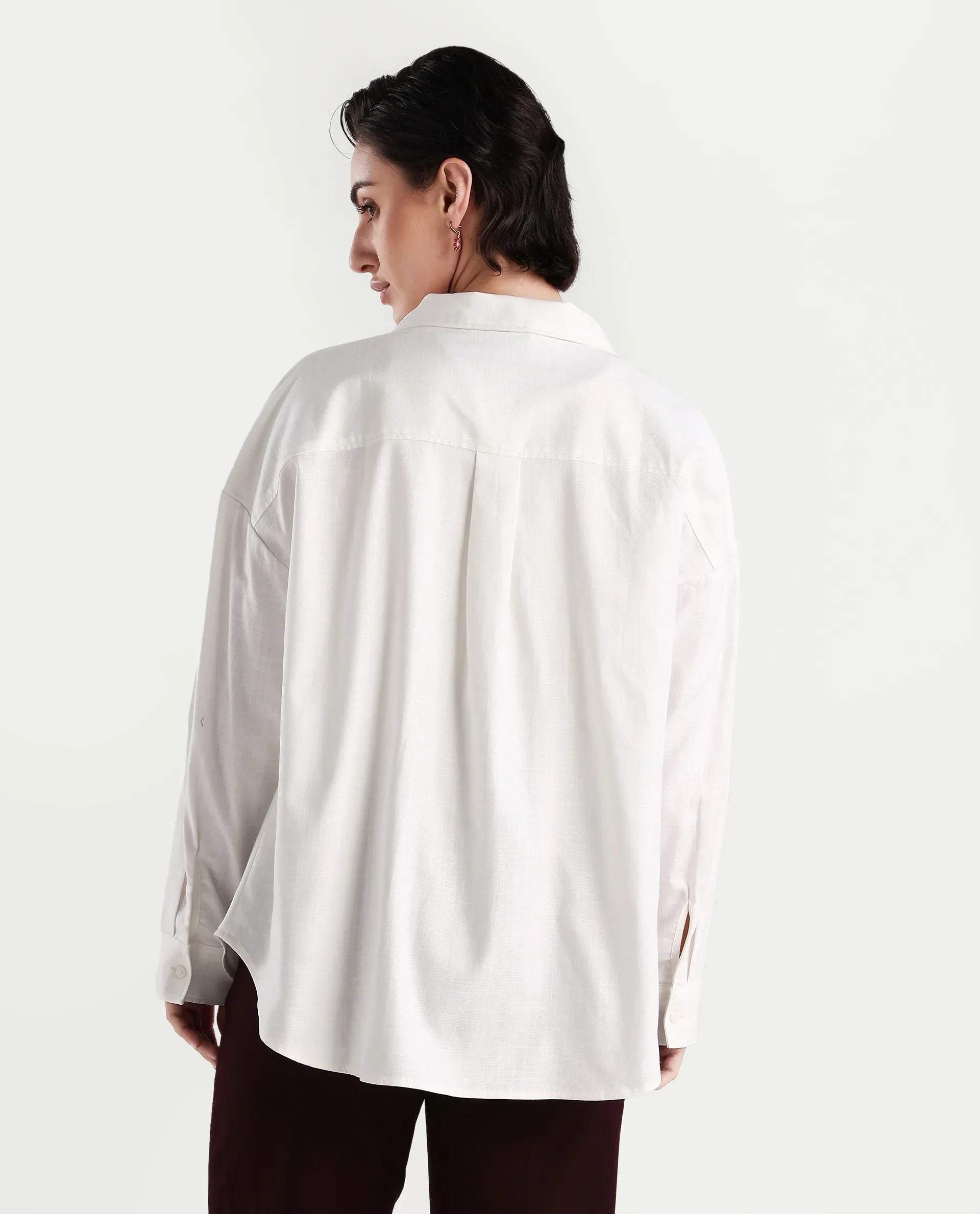 Rareism Women's Epili White Cotton Collared Plain Cuffed Sleeve Boxy Fit Shacket
