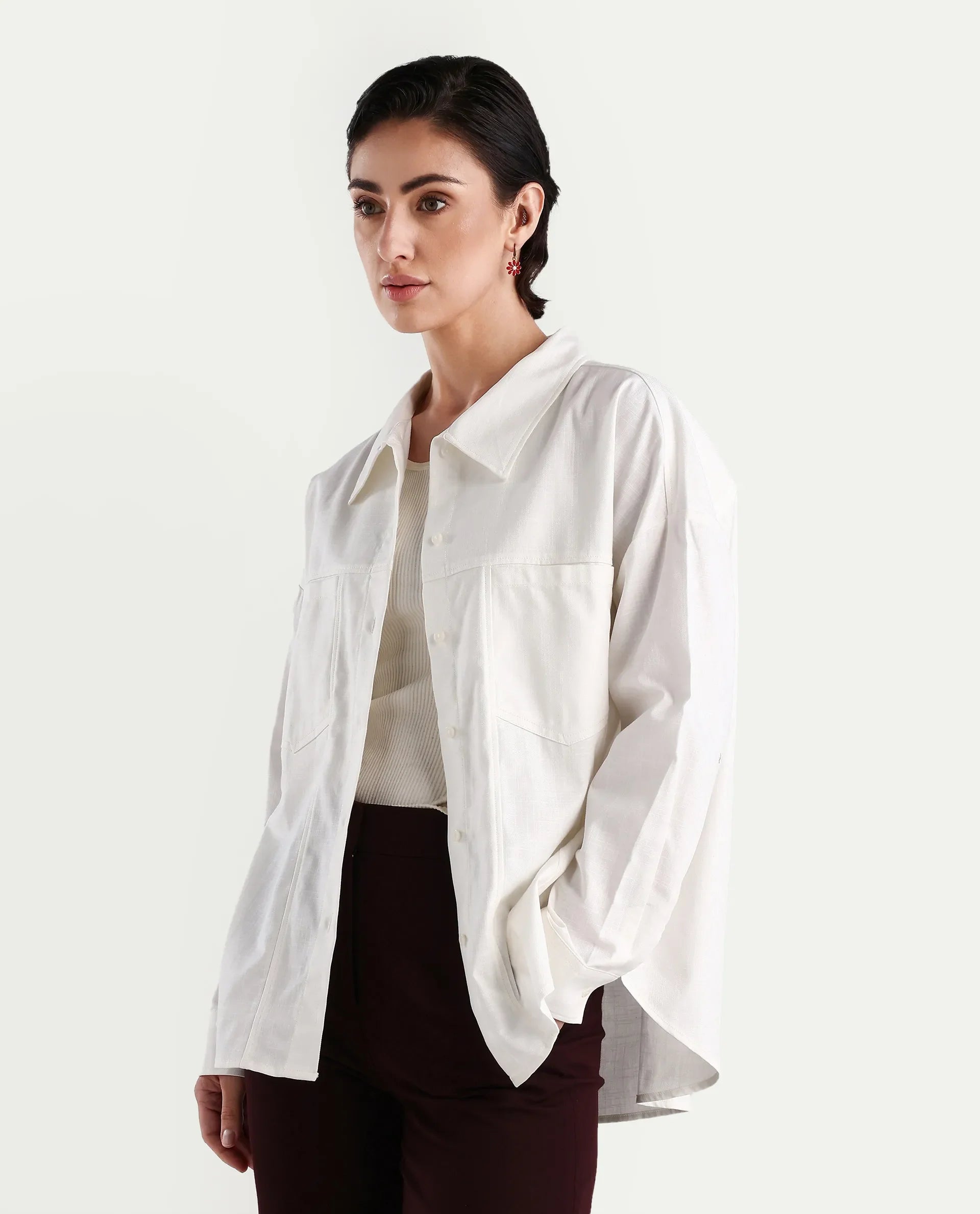 Rareism Women's Epili White Cotton Collared Plain Cuffed Sleeve Boxy Fit Shacket