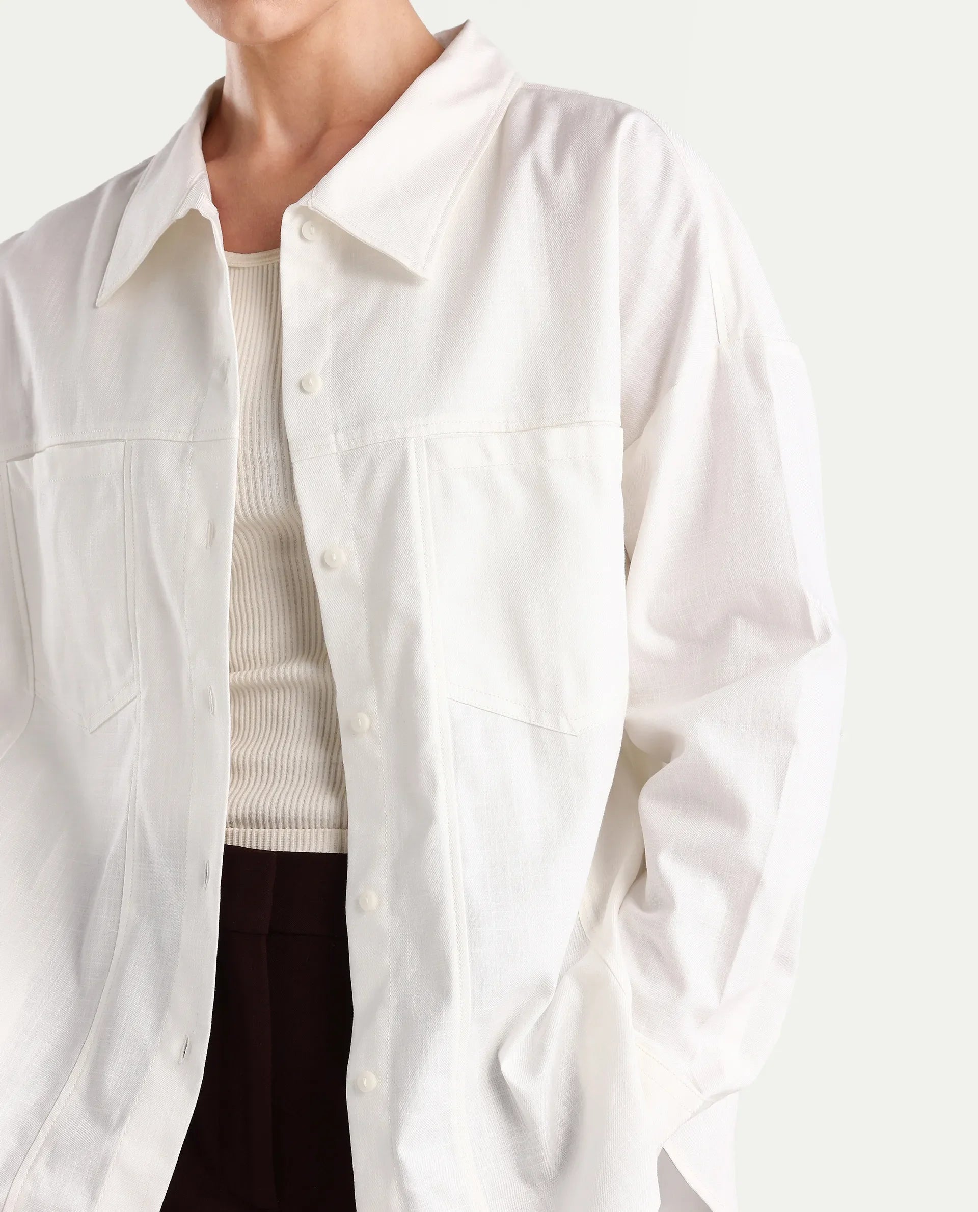 Rareism Women's Epili White Cotton Collared Plain Cuffed Sleeve Boxy Fit Shacket