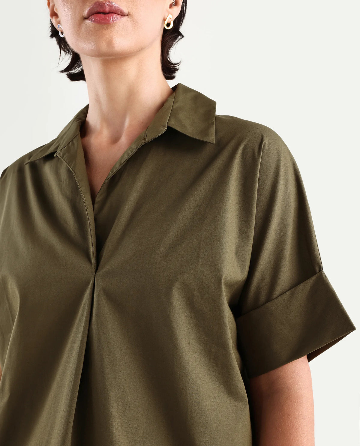 Rareism Women's Episo Olive Cotton Blend Plain Extended Sleeves Boxy Fit Top