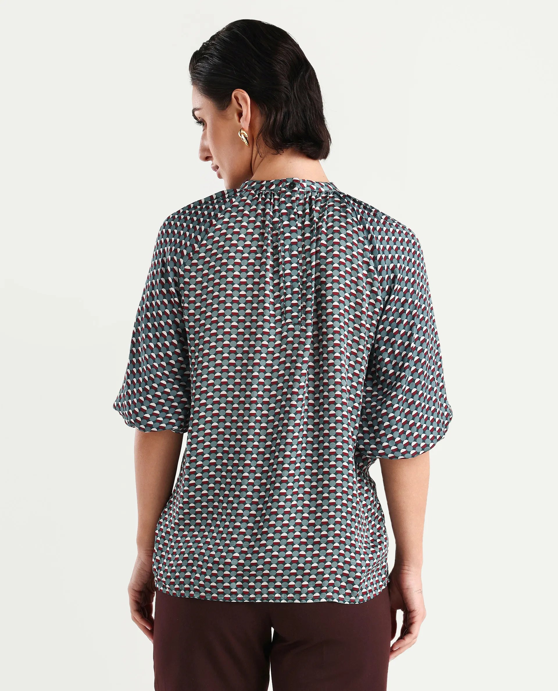 Rareism Women's Epizo Teal Satin Abstract Print Raglan Sleeve Regular Fit Top