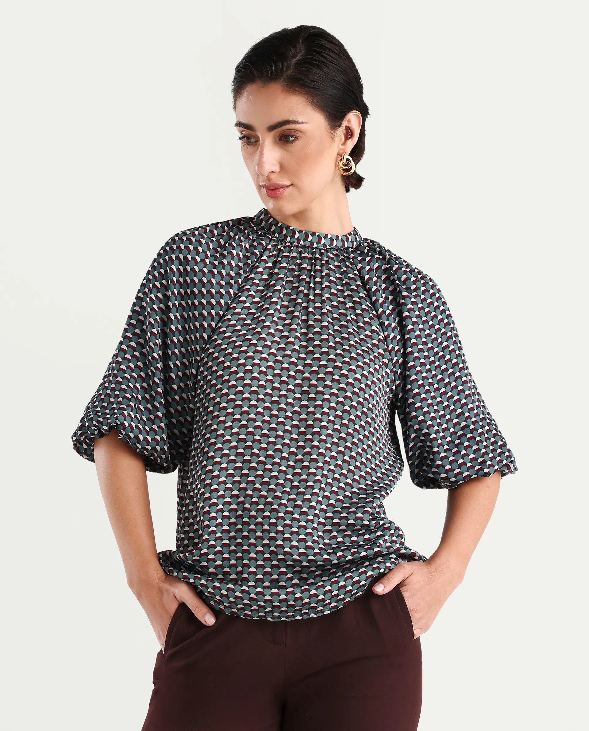 Rareism Women's Epizo Teal Satin Abstract Print Raglan Sleeve Regular Fit Top