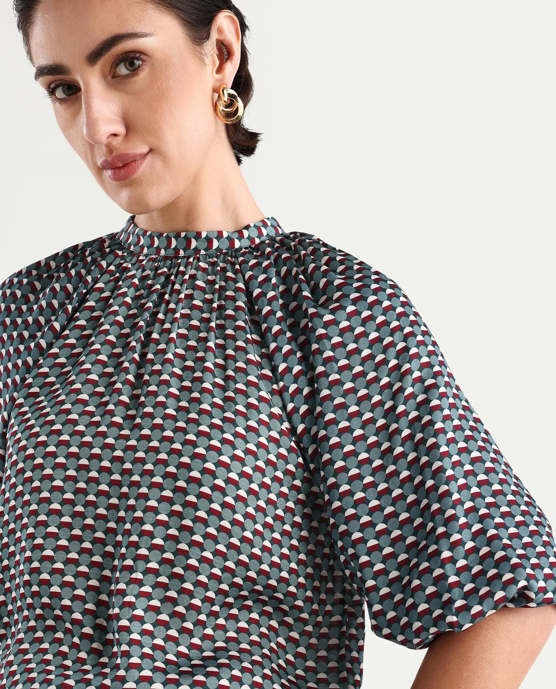 Rareism Women's Epizo Teal Satin Abstract Print Raglan Sleeve Regular Fit Top