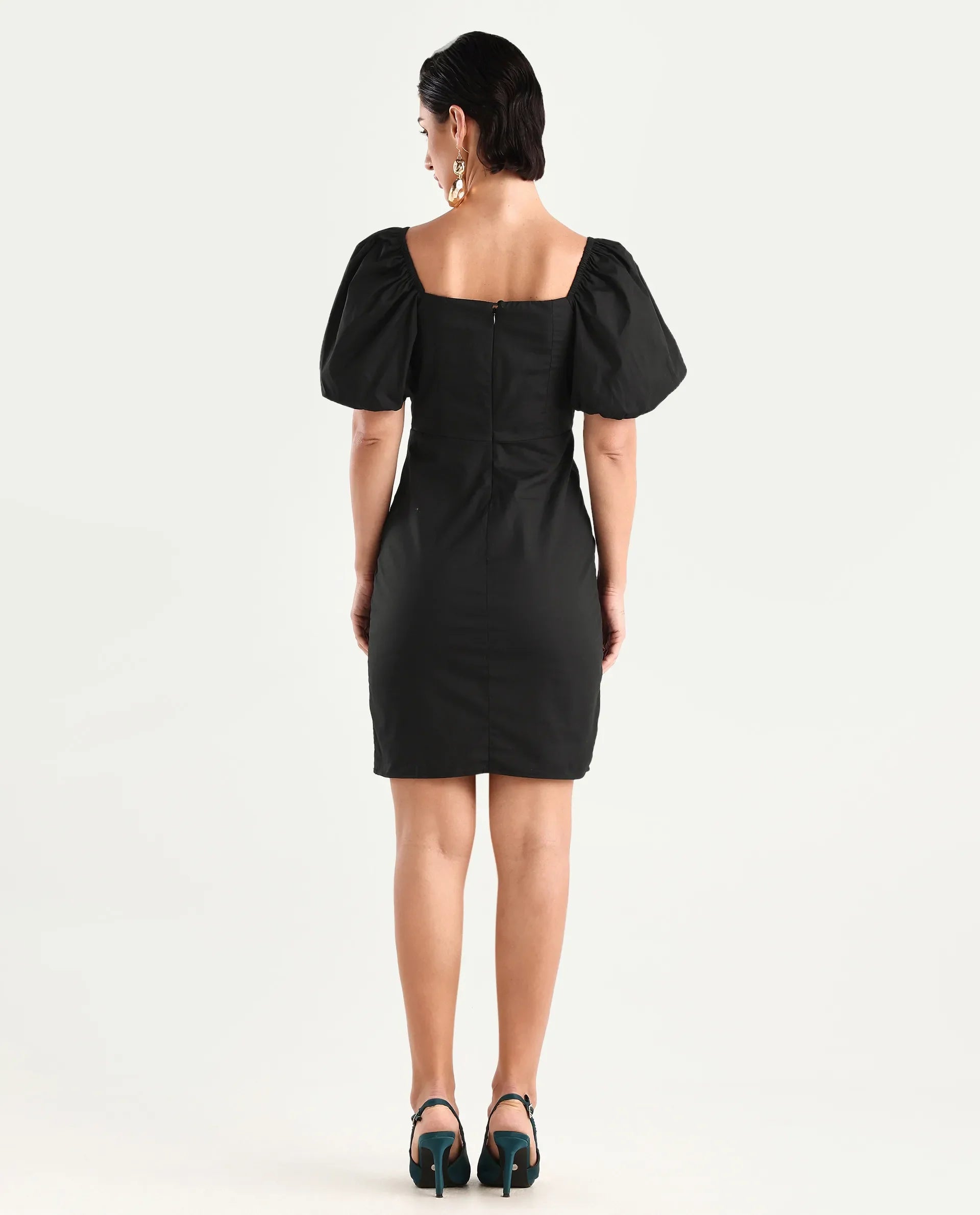 Rareism Women's Eplan Black Cotton Square Neck Plain Balloon Sleeve Mini Straight Fit Dress