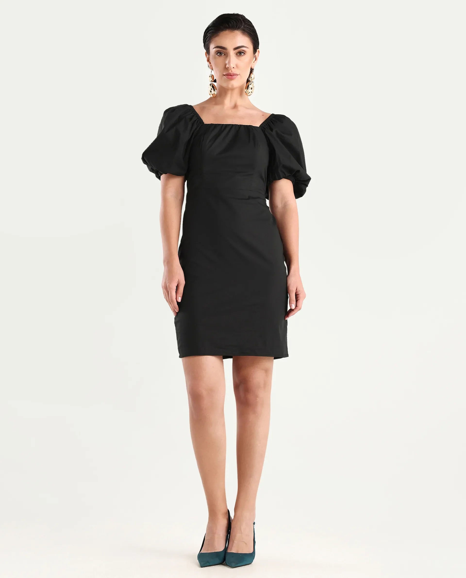 Rareism Women's Eplan Black Cotton Square Neck Plain Balloon Sleeve Mini Straight Fit Dress