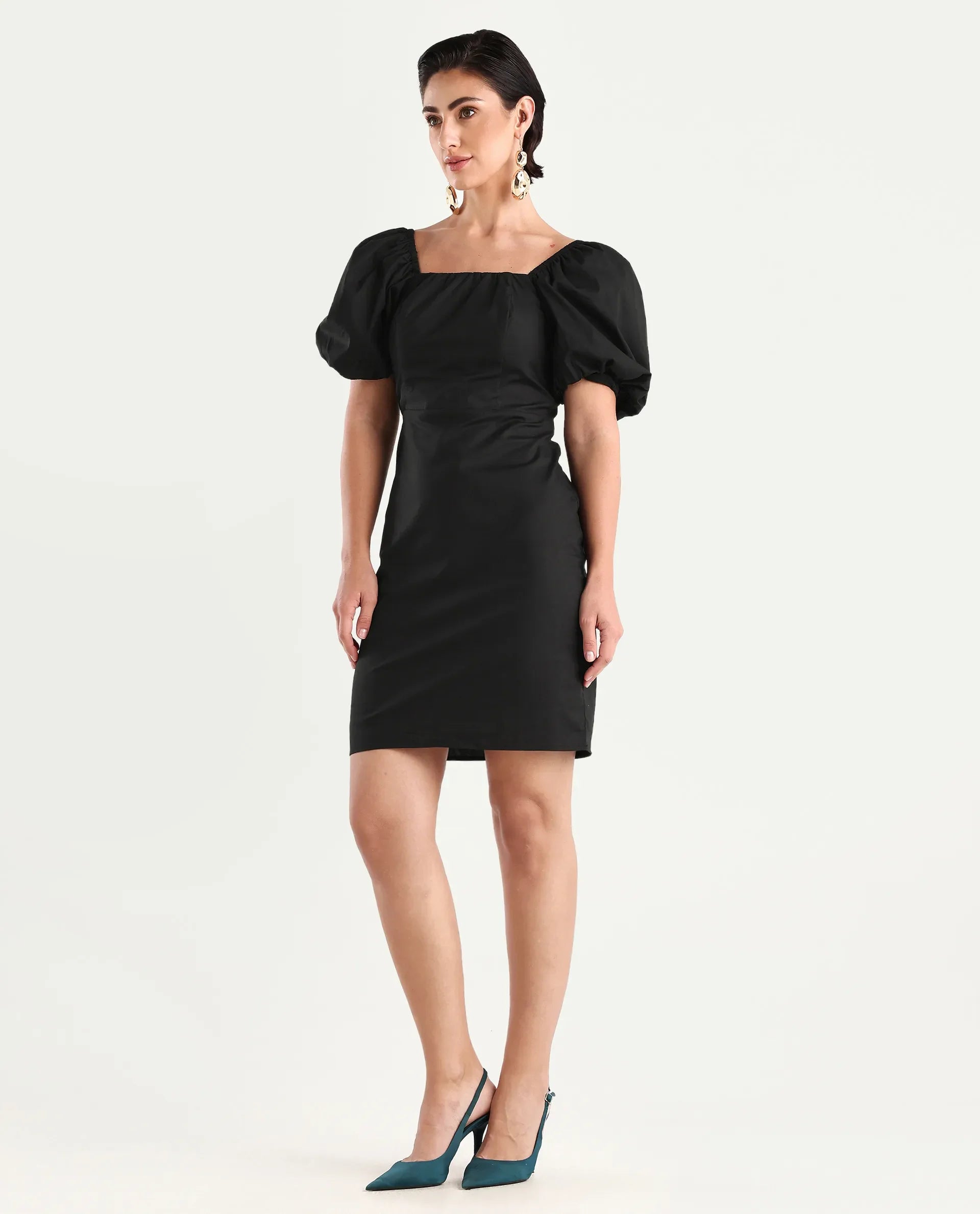 Rareism Women's Eplan Black Cotton Square Neck Plain Balloon Sleeve Mini Straight Fit Dress