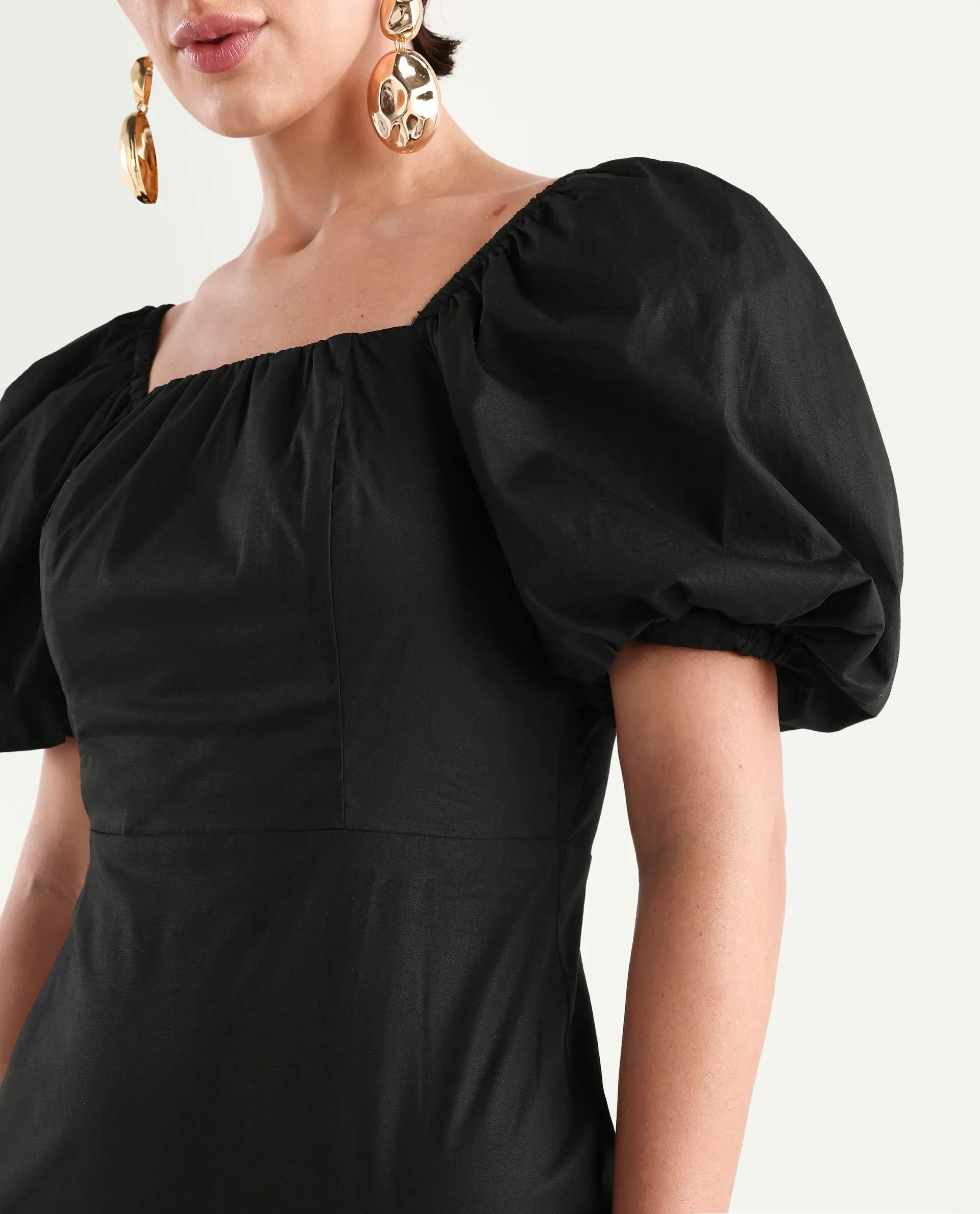 Rareism Women's Eplan Black Cotton Square Neck Plain Balloon Sleeve Mini Straight Fit Dress