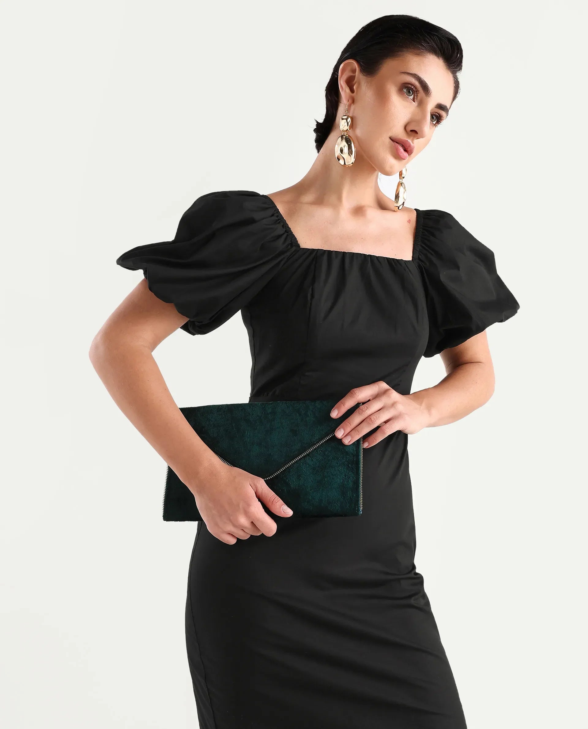 Rareism Women's Eplan Black Cotton Square Neck Plain Balloon Sleeve Mini Straight Fit Dress