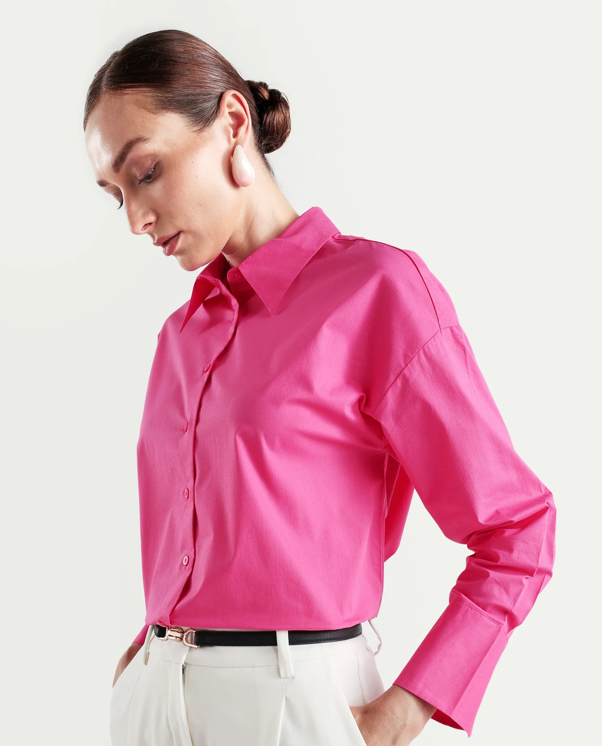 Rareism Women's Epnet Pink Cotton Blend Collared Plain Cuffed Sleeve Boxy Fit Shirt