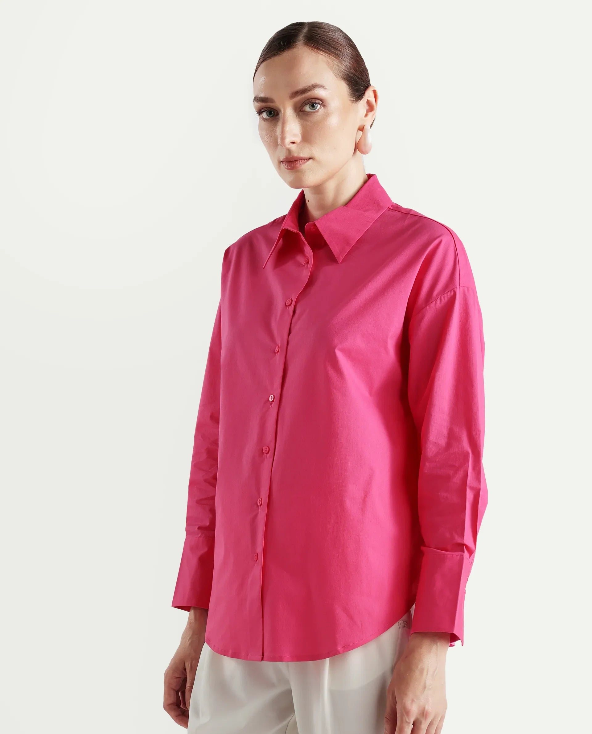 Rareism Women's Epnet Pink Cotton Blend Collared Plain Cuffed Sleeve Boxy Fit Shirt