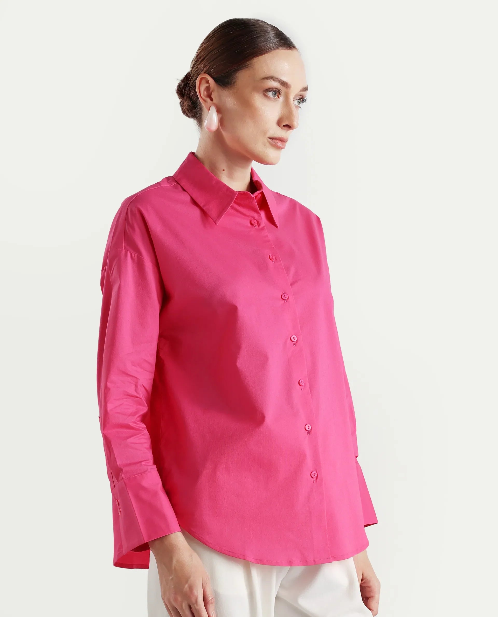Rareism Women's Epnet Pink Cotton Blend Collared Plain Cuffed Sleeve Boxy Fit Shirt