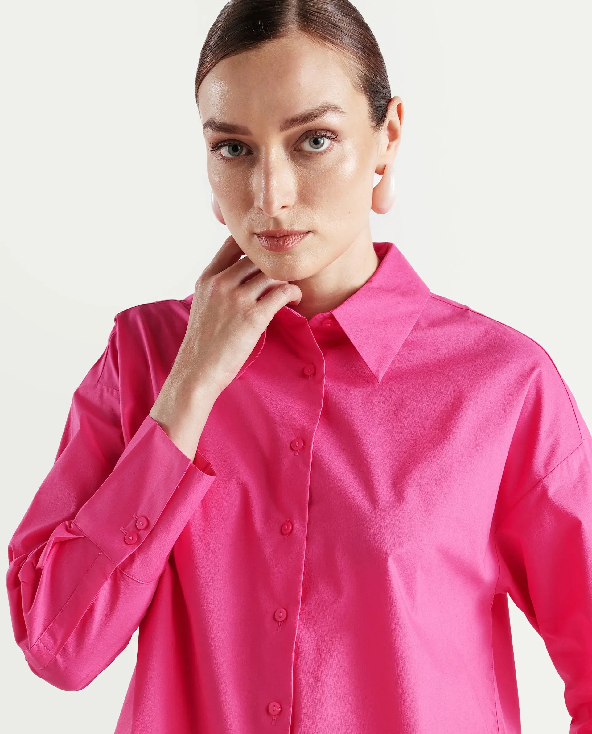Rareism Women's Epnet Pink Cotton Blend Collared Plain Cuffed Sleeve Boxy Fit Shirt